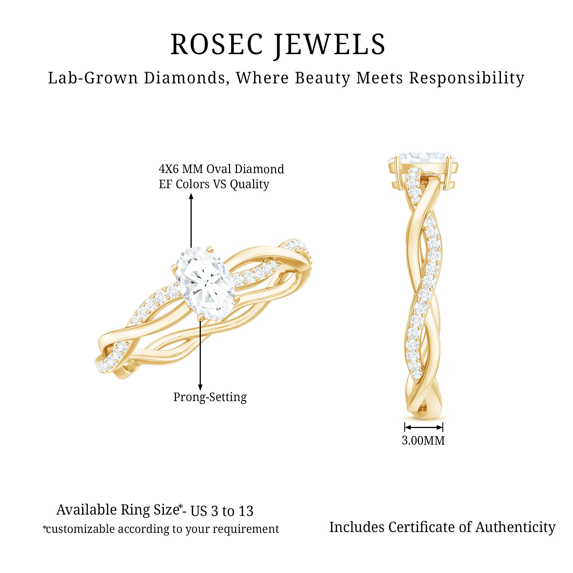 Lab Grown Diamond Promise Ring With Twisted Shank Lab - ( EF-VS ) - Rosec Jewels