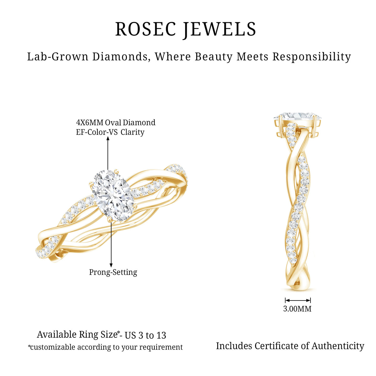 Lab Grown Diamond Promise Ring With Twisted Shank Lab - ( EF-VS ) - Rosec Jewels