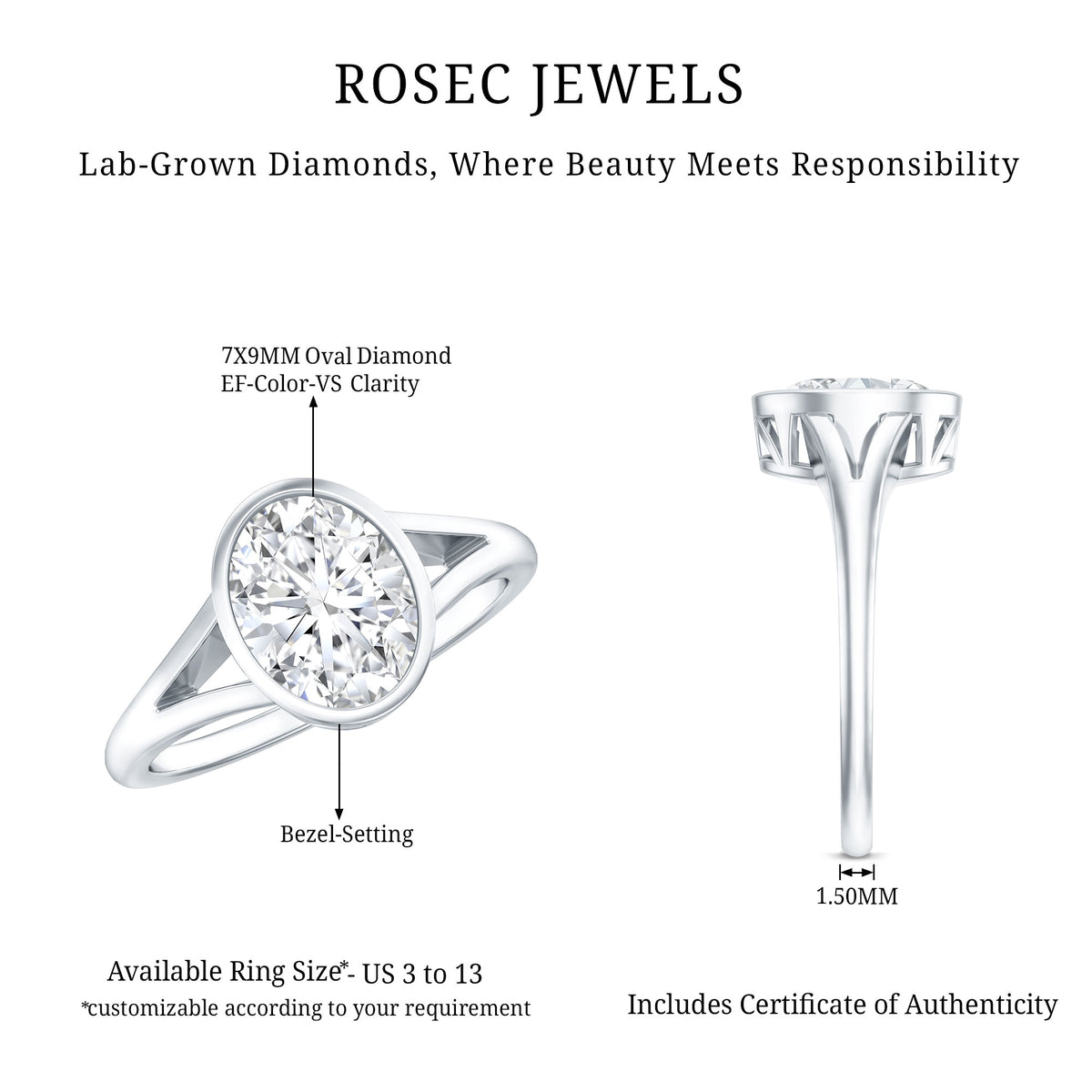 Bezel Set Oval Lab Created Diamond Solitaire Ring For Women Lab - ( EF-VS ) - Rosec Jewels