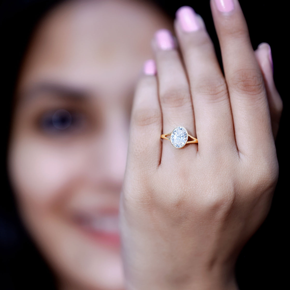 Bezel Set Oval Lab Created Diamond Solitaire Ring For Women Lab - ( EF-VS ) - Rosec Jewels