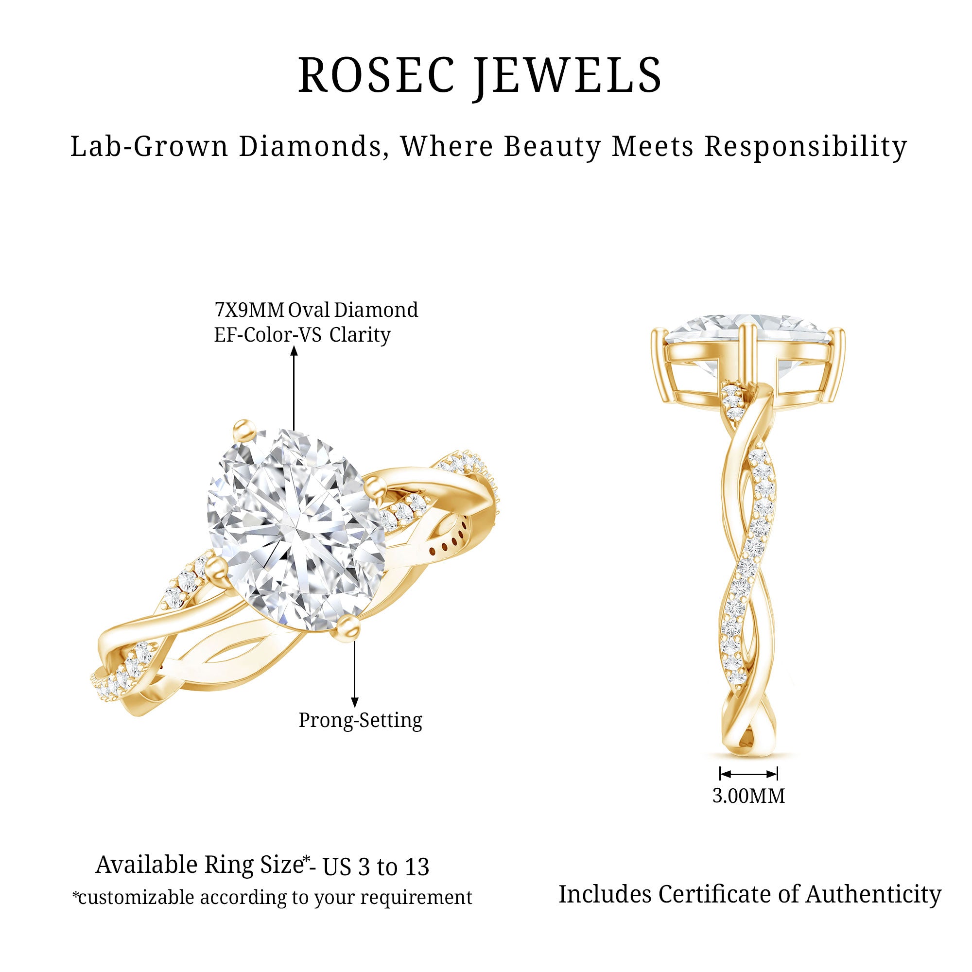 Lab Grown Diamond Oval Engagement Ring With Braided Style Band Lab - ( EF-VS ) - Rosec Jewels