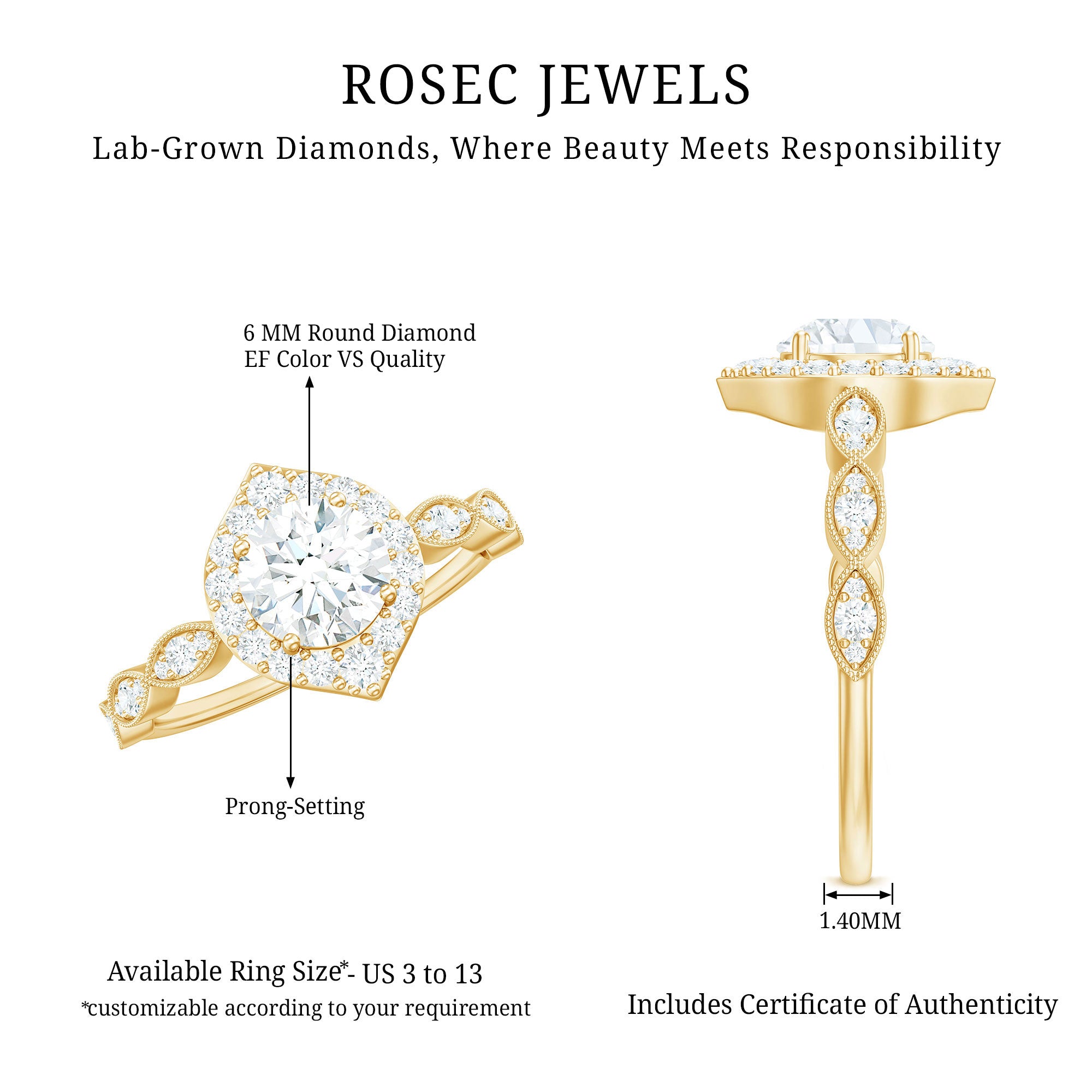 Brilliant Cut Lab Grown Diamond Vintage Solitaire Ring Lab - ( EF-VS ) - Rosec Jewels