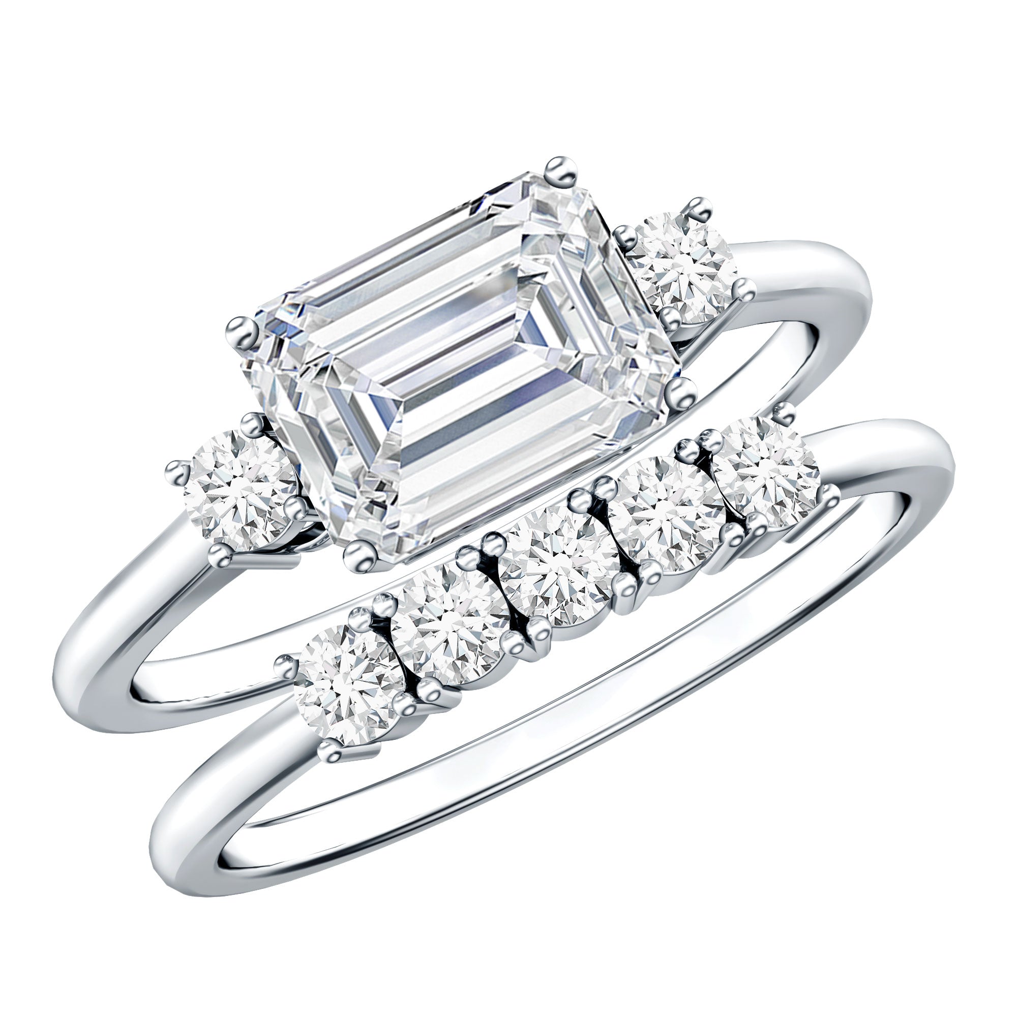 Lab Diamond Emerald Cut Engagement Ring With Band Lab - ( EF-VS ) - Rosec Jewels