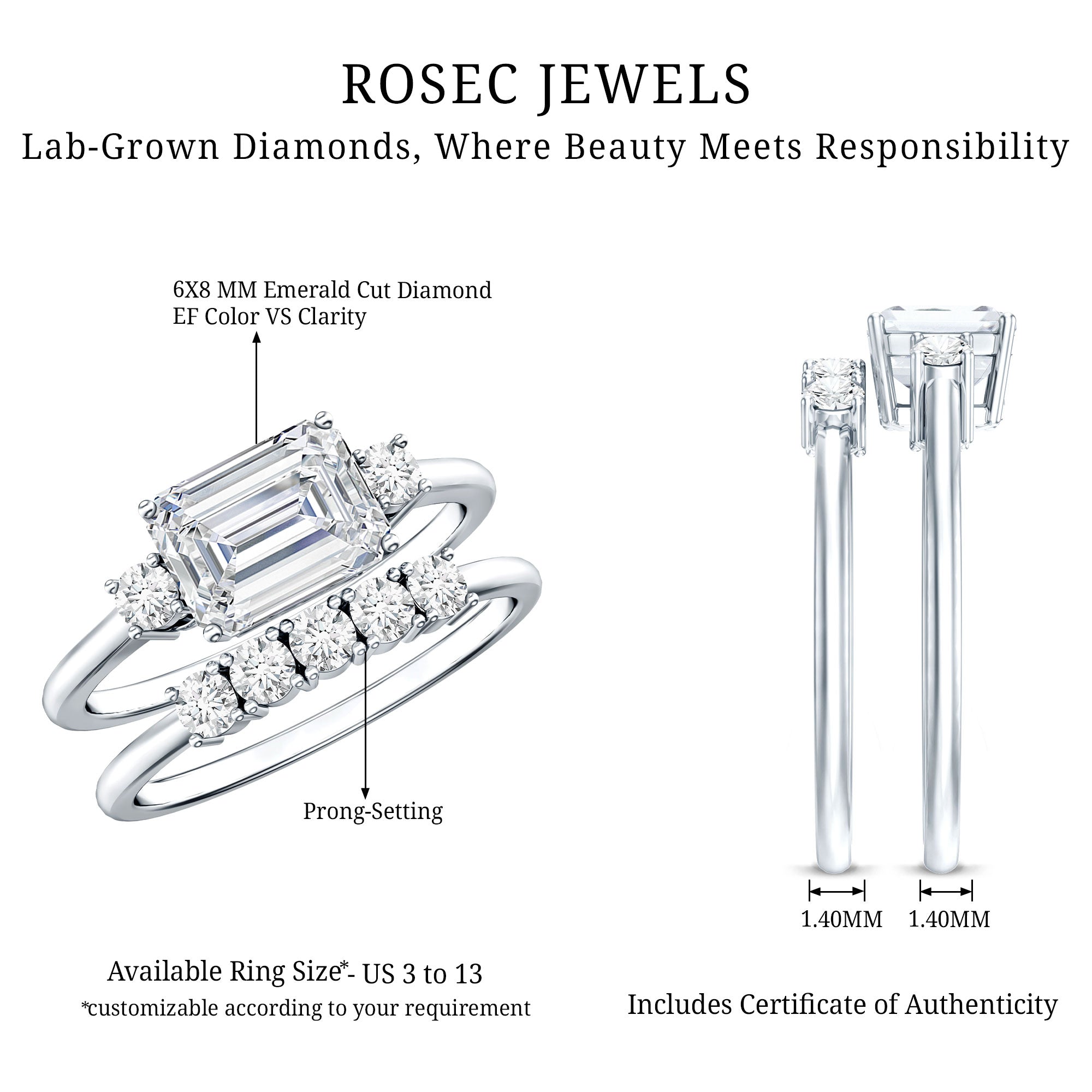 Lab Diamond Emerald Cut Engagement Ring With Band Lab - ( EF-VS ) - Rosec Jewels