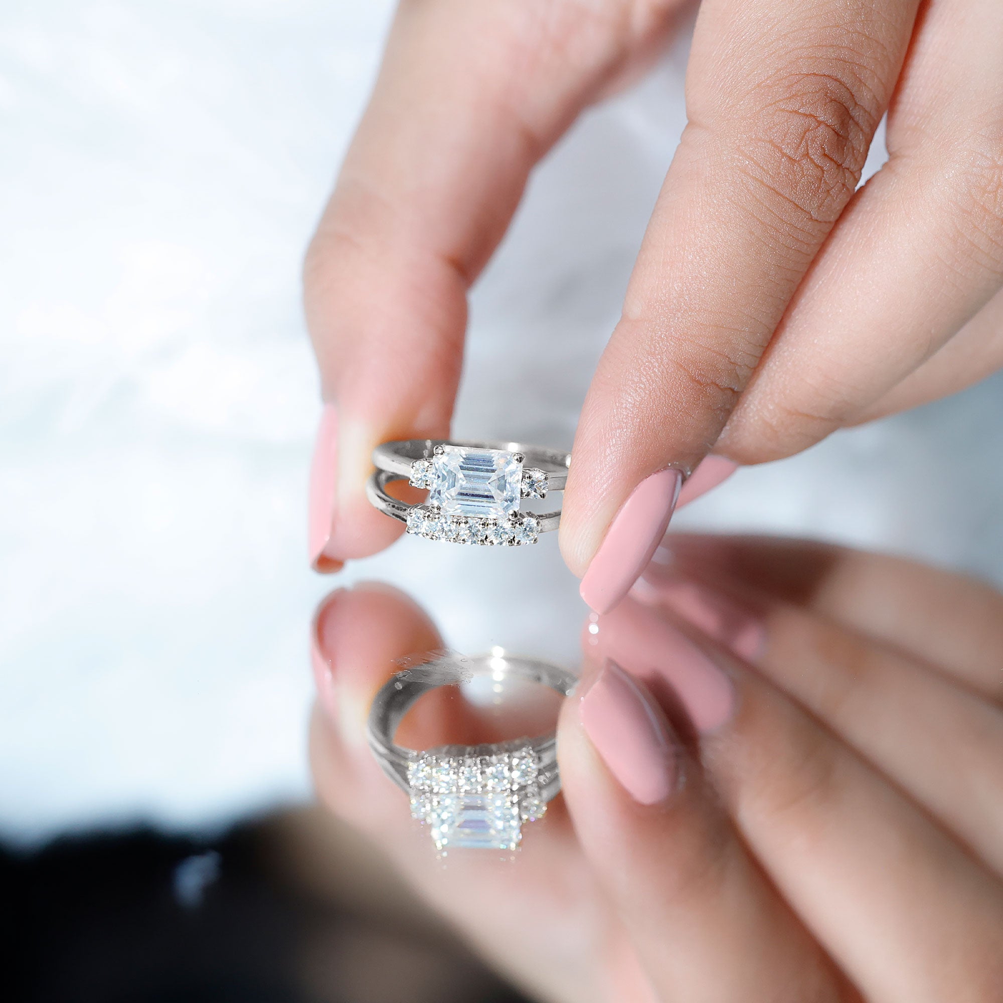 Lab Diamond Emerald Cut Engagement Ring With Band Lab - ( EF-VS ) - Rosec Jewels