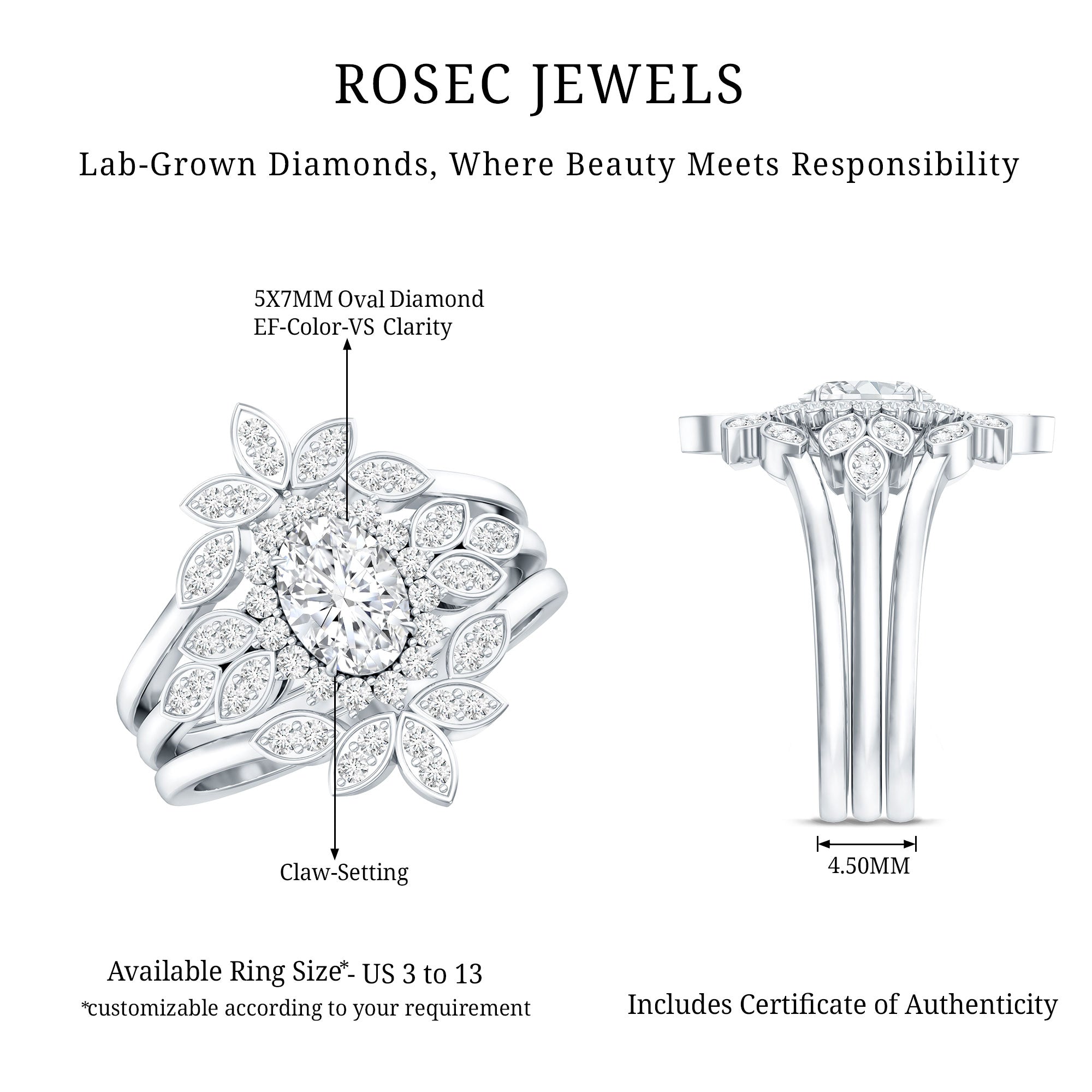 Lab Grown Diamond Vintage Engagement Ring with 2 Wedding Bands Lab - ( EF-VS ) - Rosec Jewels