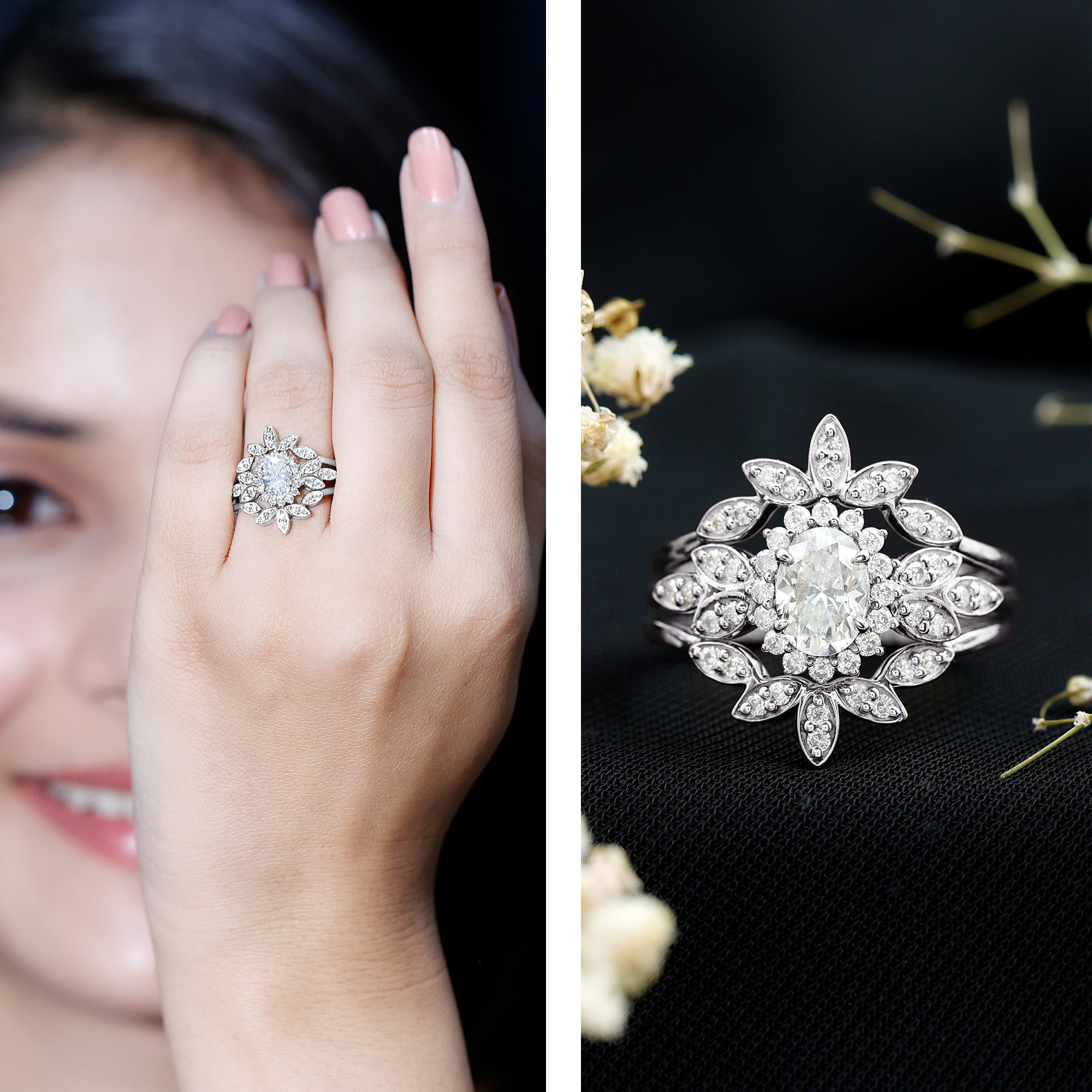Lab Grown Diamond Vintage Engagement Ring with 2 Wedding Bands Lab - ( EF-VS ) - Rosec Jewels
