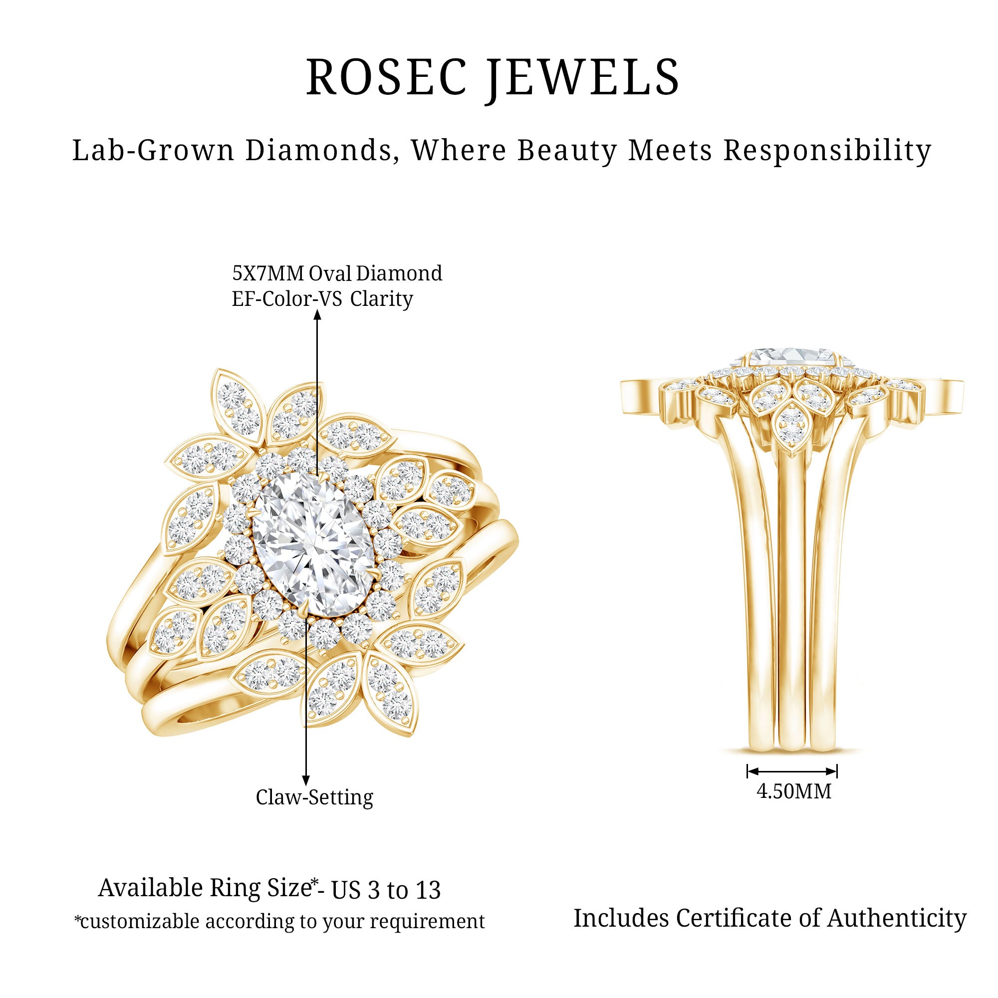 Lab Grown Diamond Vintage Engagement Ring with 2 Wedding Bands Lab - ( EF-VS ) - Rosec Jewels