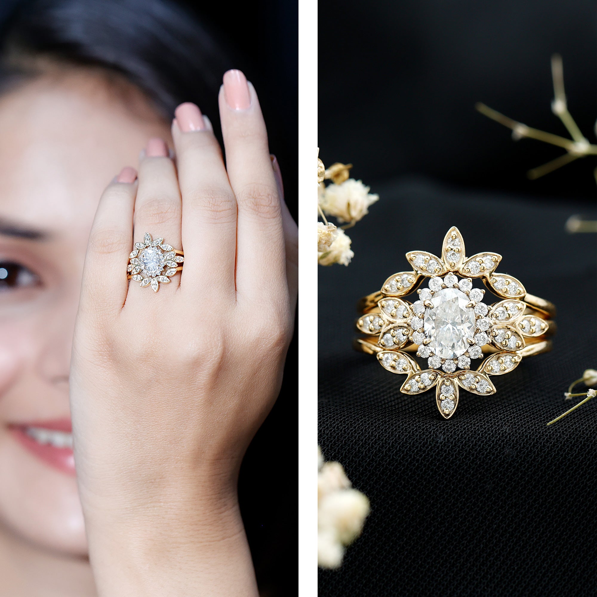 Lab Grown Diamond Vintage Engagement Ring with 2 Wedding Bands Lab - ( EF-VS ) - Rosec Jewels