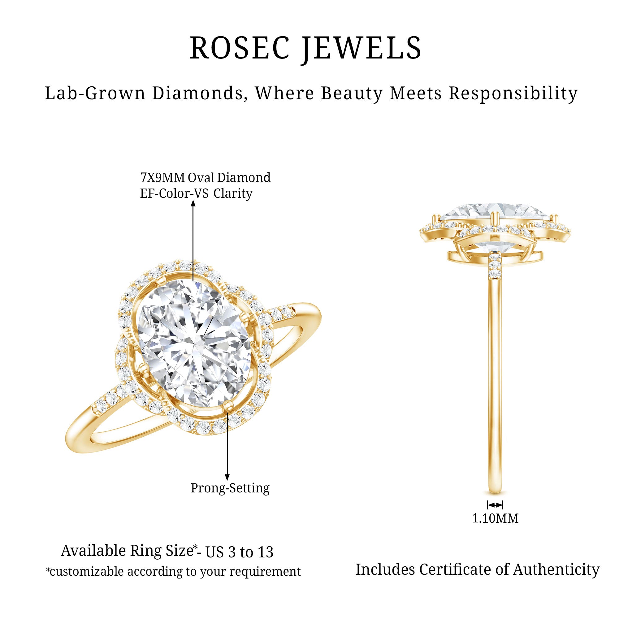 Brilliant Cut Oval Lab Grown Diamond Halo Engagement Ring Lab - ( EF-VS ) - Rosec Jewels