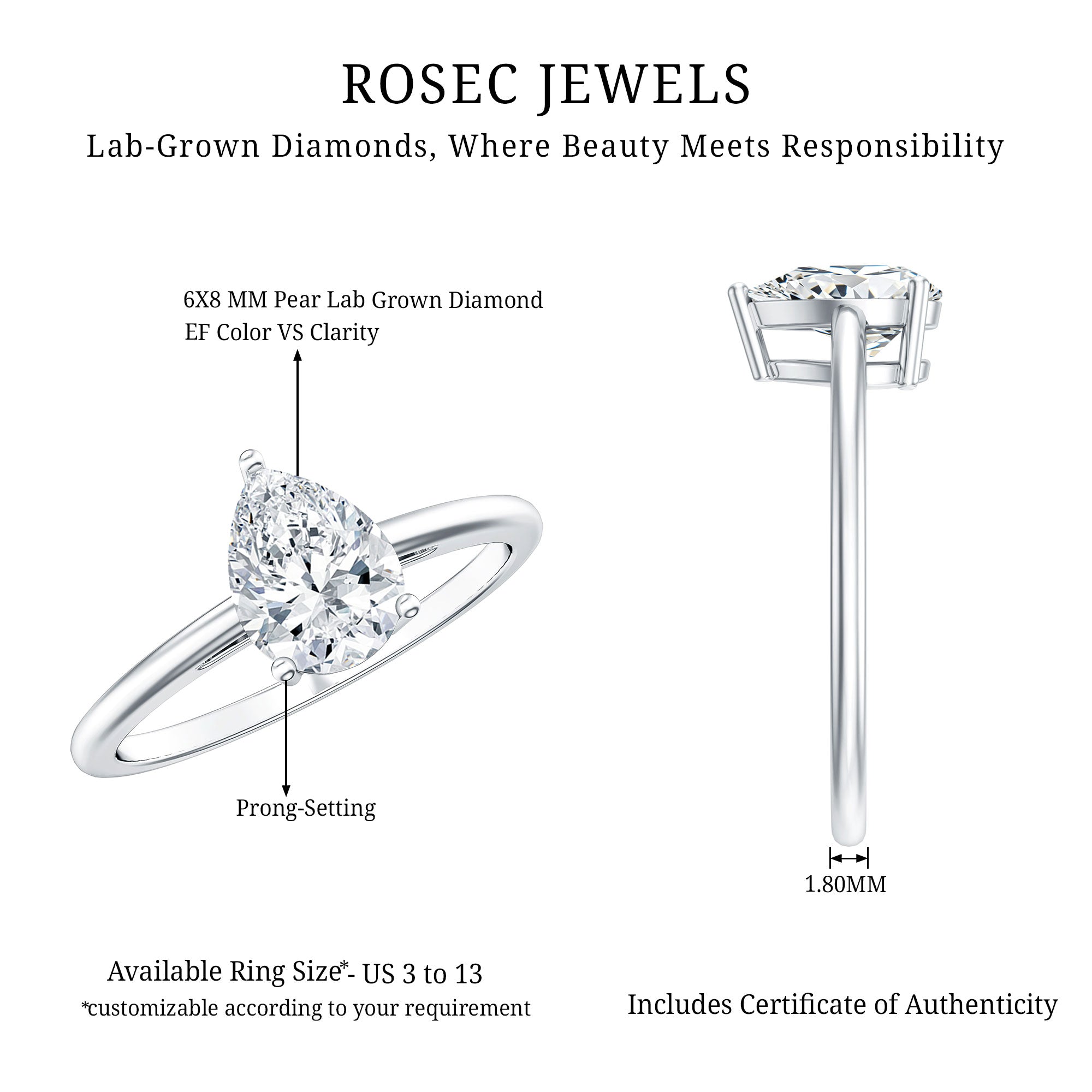 Single Stone Lab Grown Diamond Pear Engagement Ring Lab - ( EF-VS ) - Rosec Jewels