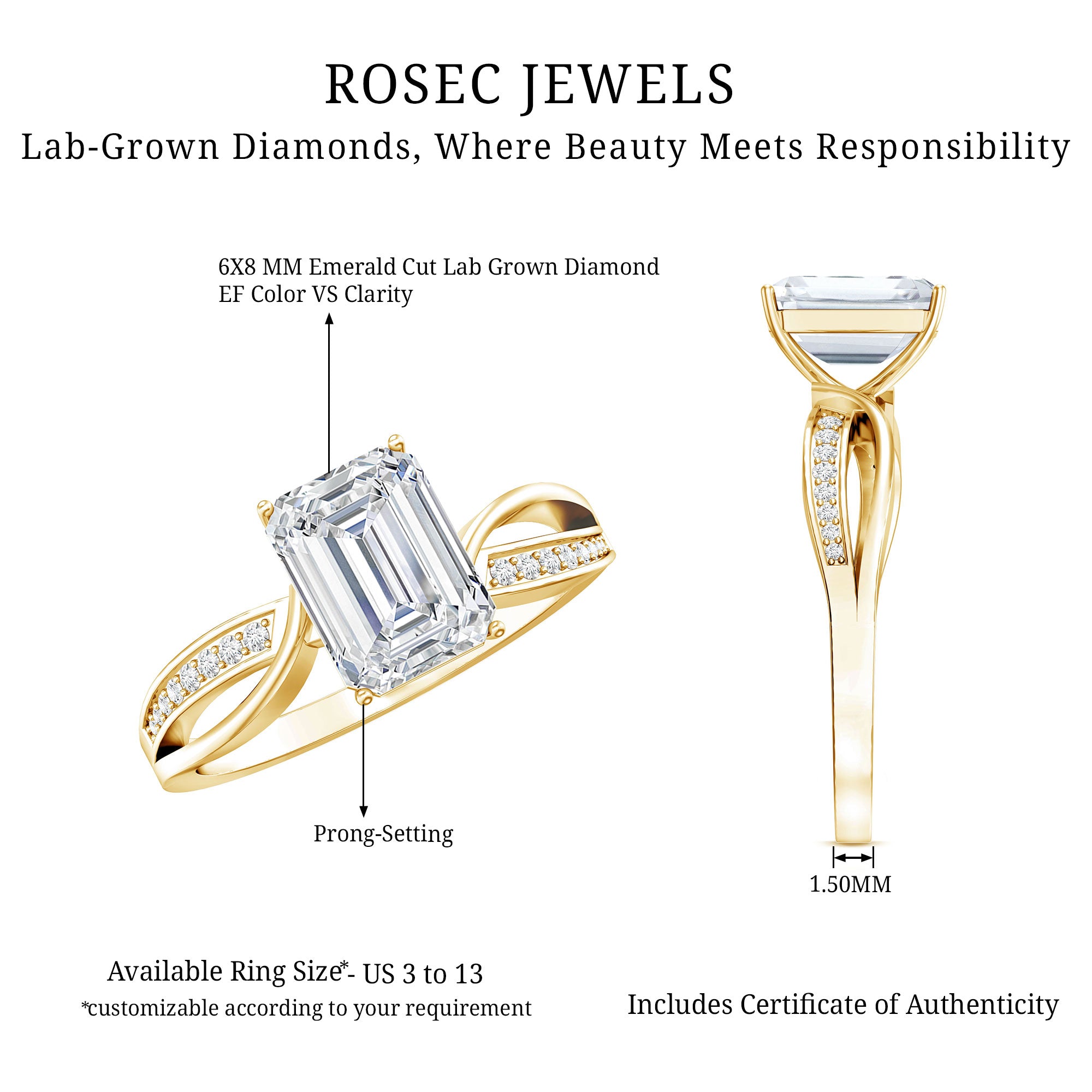 Certified Emerald Cut Diamond Infinity Engagement Ring Lab - ( EF-VS ) - Rosec Jewels