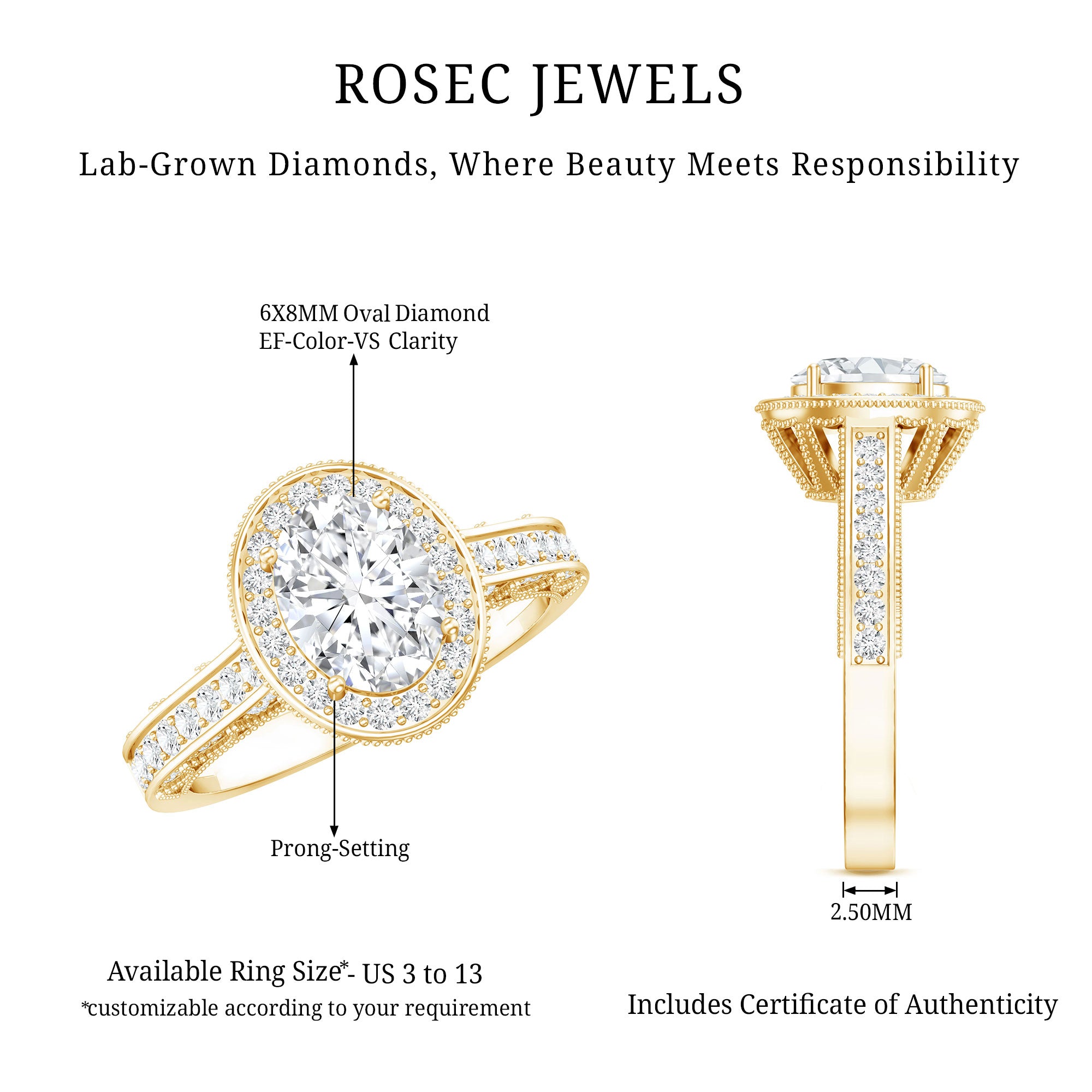 6X8 mm Oval Lab Grown Diamond Halo Engagement Ring Lab - ( EF-VS ) - Rosec Jewels
