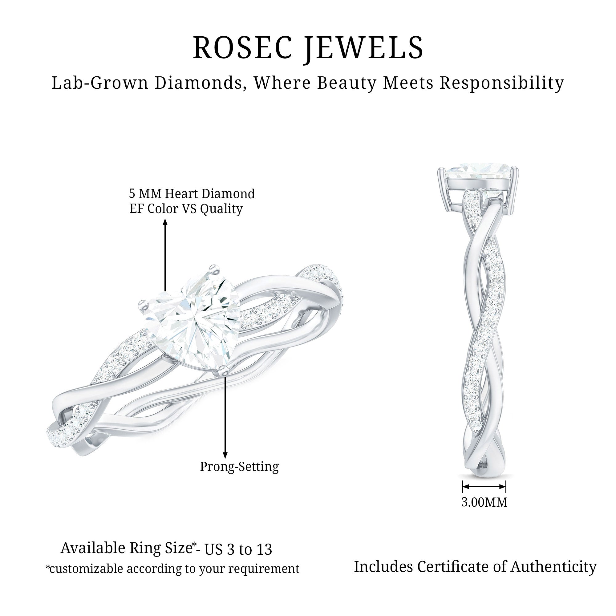 Rosec Jewels-5 MM Heart Shaped Diamond Ring For Women