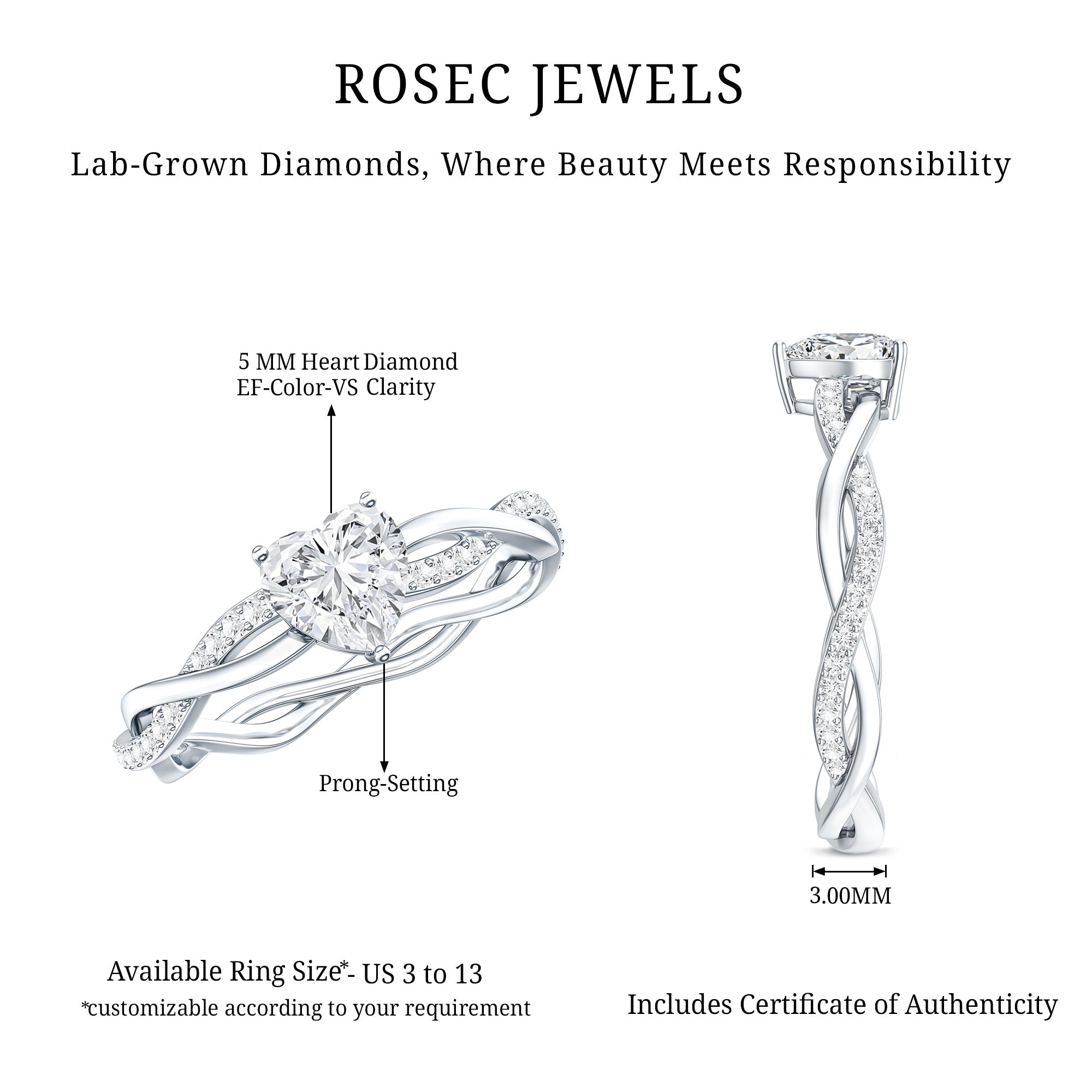0.5 Carat Heart Shaped Diamond Ring For Women Lab - ( EF-VS ) - Rosec Jewels