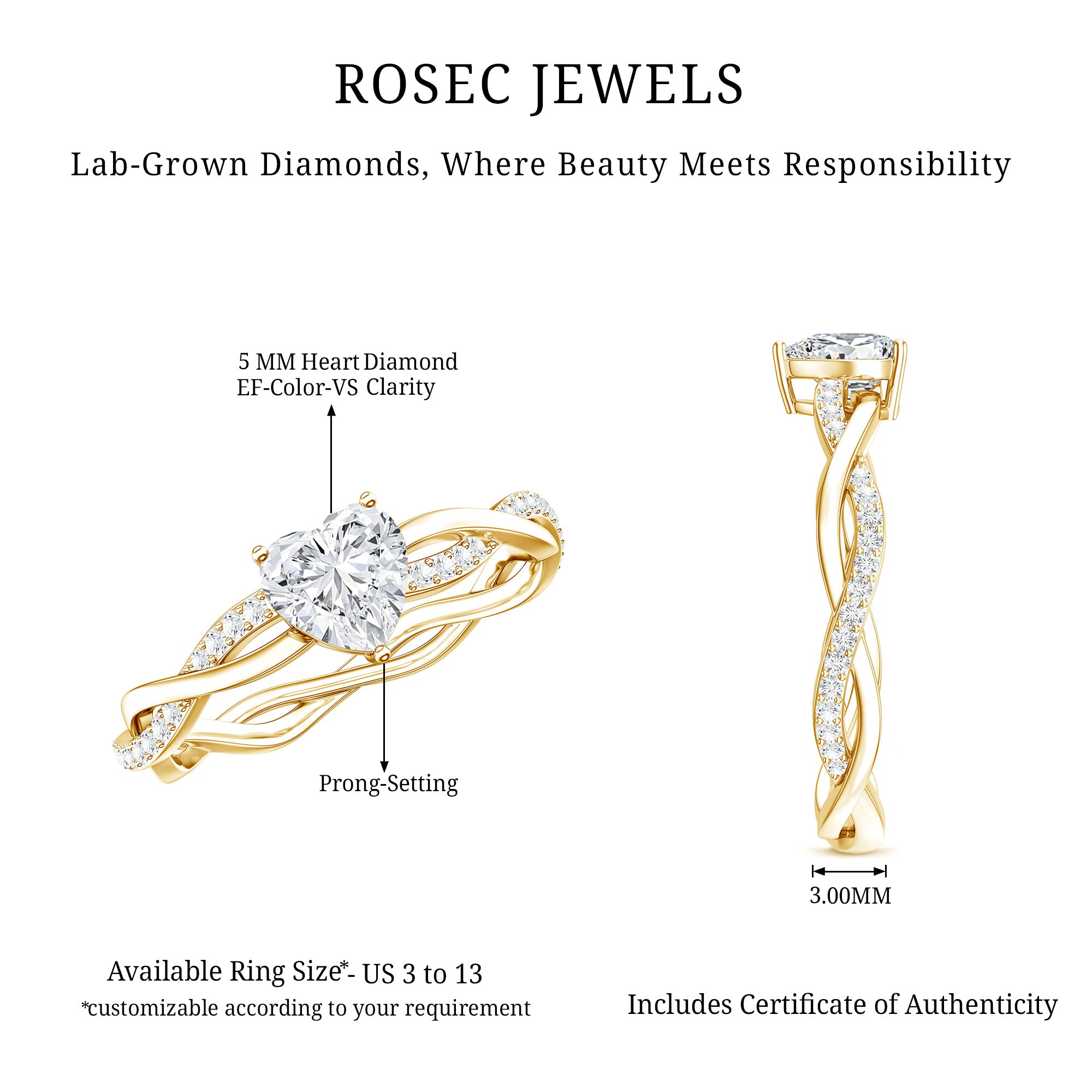5 MM Heart Shaped Diamond Ring For Women Lab - ( EF-VS ) - Rosec Jewels