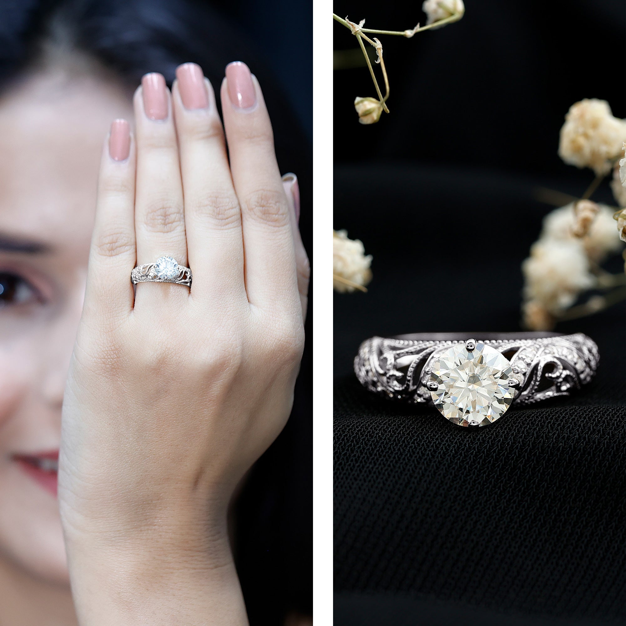 Certified Lab Created Diamond Antique Inspired Engagement Ring Lab - ( EF-VS ) - Rosec Jewels