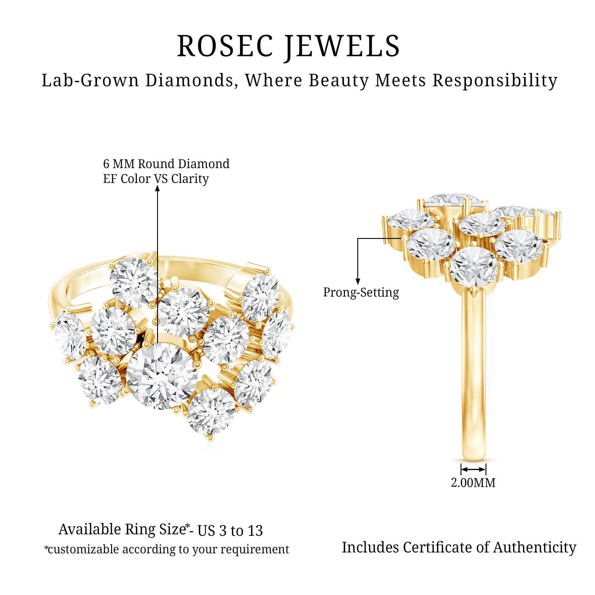 Certified Lab Grown Diamond Statement Engagement Ring for Women Lab - ( EF-VS ) - Rosec Jewels