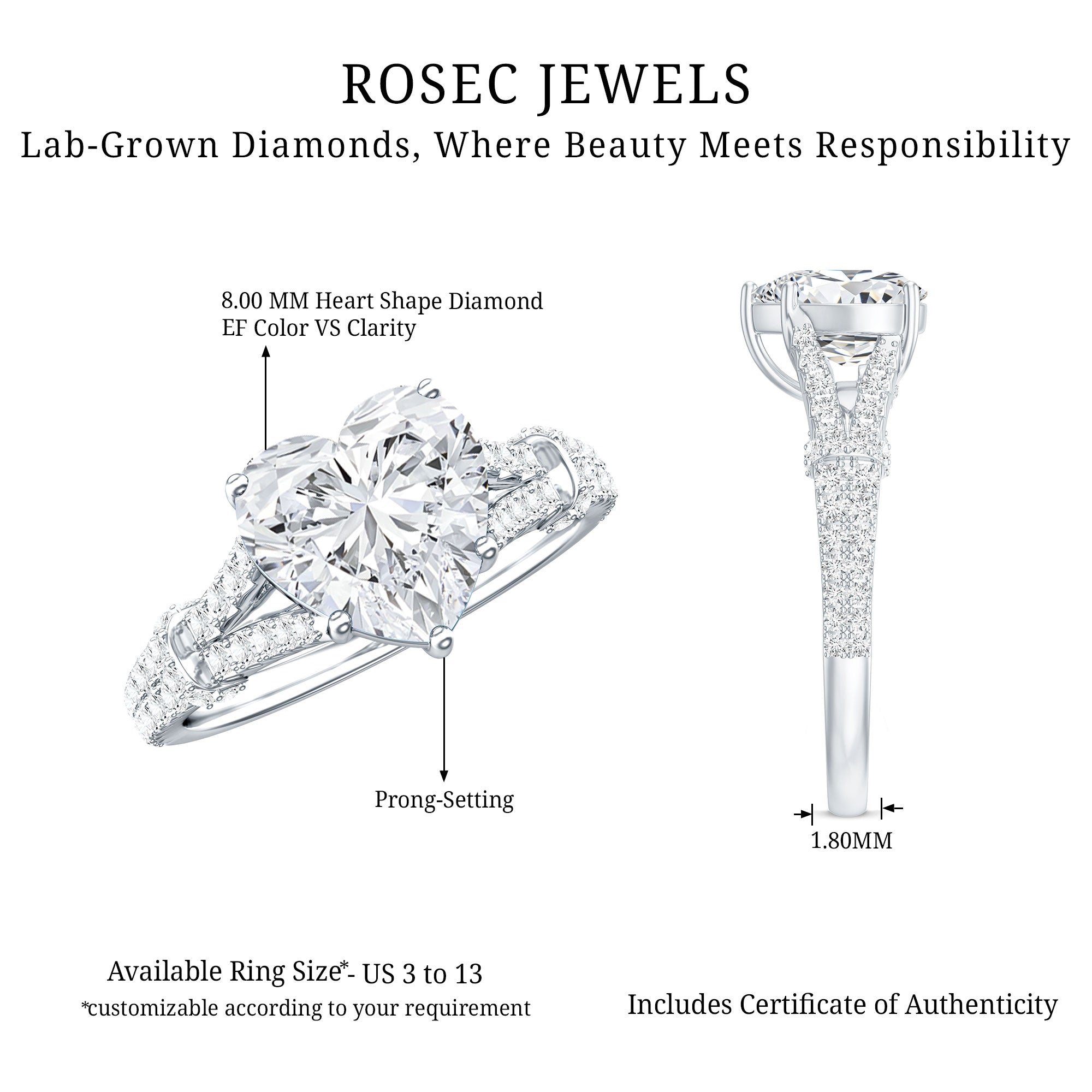 8 mm Lab Grown Diamond Heart Shape Engagement Ring Lab - ( EF-VS ) - Rosec Jewels