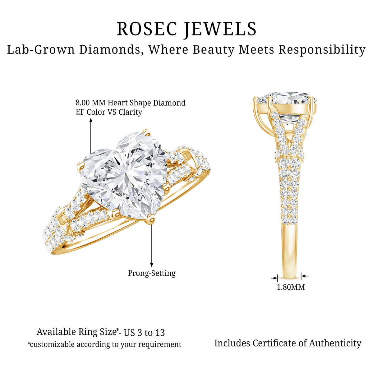 2 Carat Lab Grown Diamond Heart Shape Engagement Ring Lab - ( EF-VS ) - Rosec Jewels