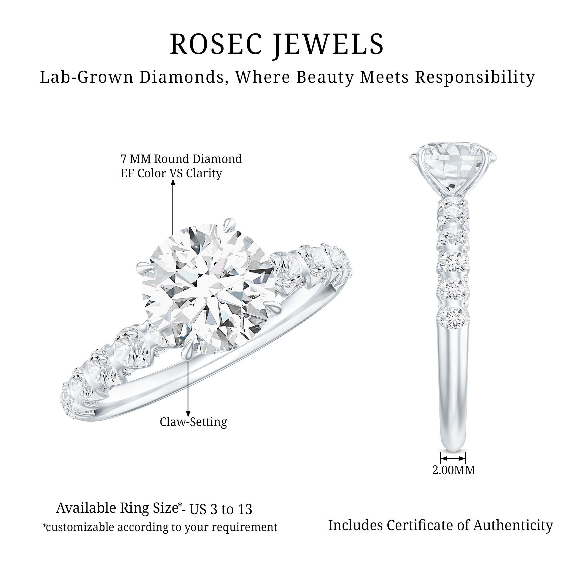 Certified 7 MM Lab Grown Diamond Solitaire Engagement Ring Lab - ( EF-VS ) - Rosec Jewels