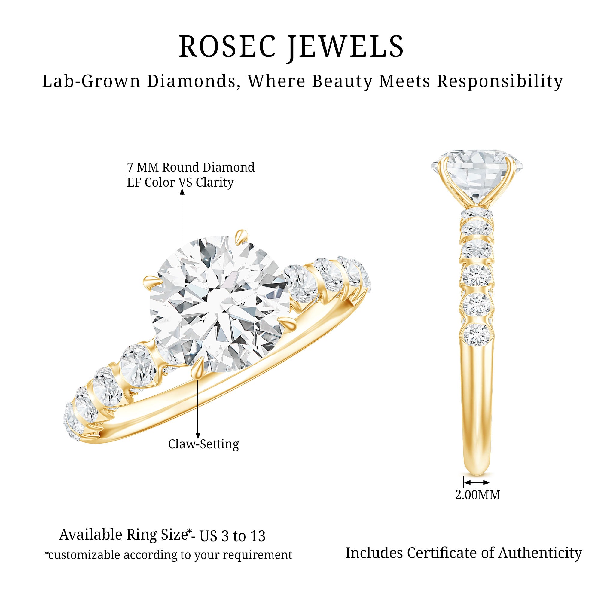 Certified 7 MM Lab Grown Diamond Solitaire Engagement Ring Lab - ( EF-VS ) - Rosec Jewels