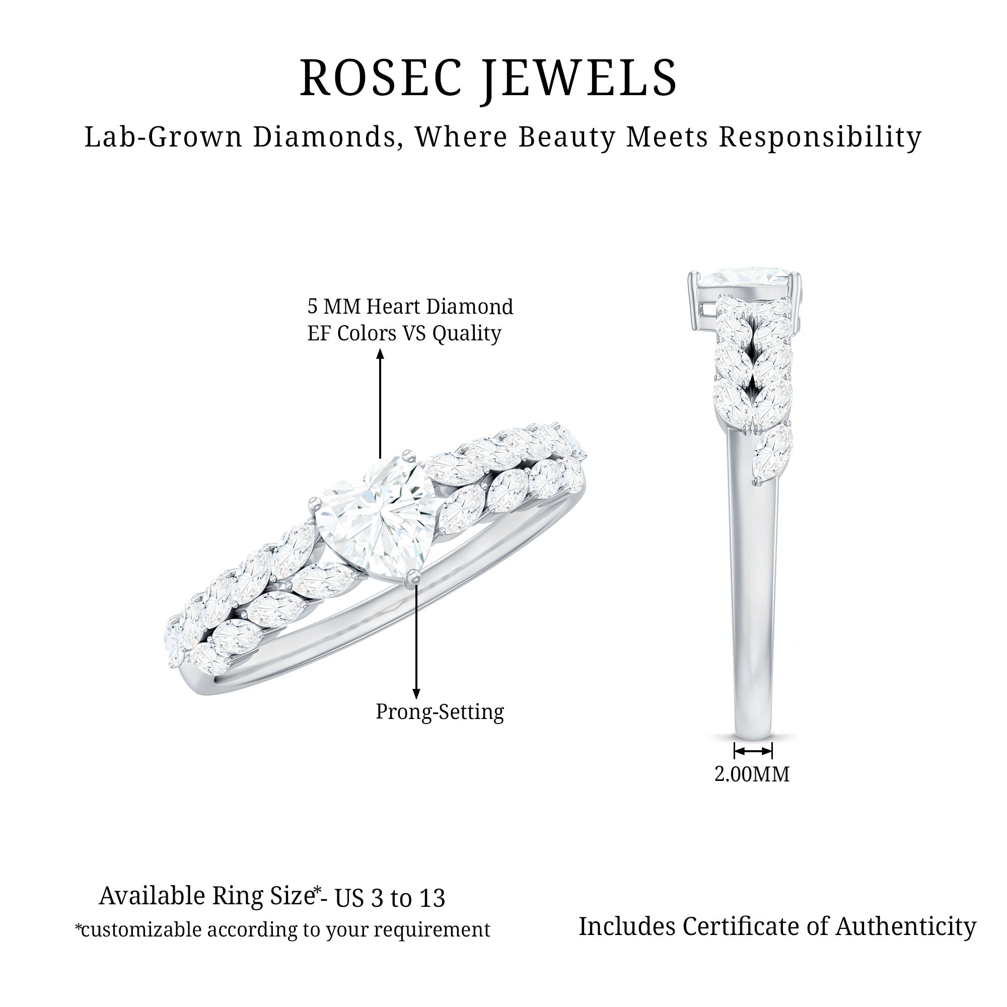 Rosec Jewels-Brilliant Cut Lab Diamond Heart Shaped Promise Ring for Women