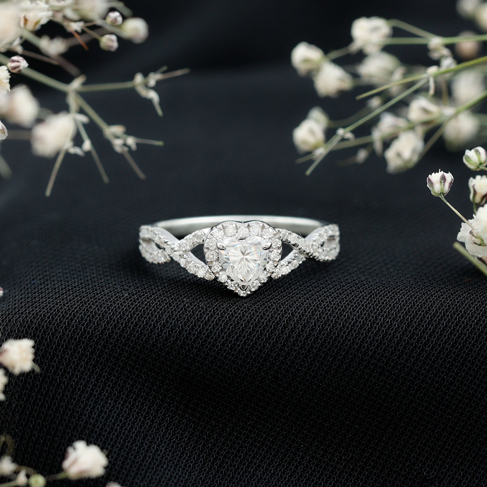 Lab Grown Diamond Heart Engagement Ring with Halo Design Lab - ( EF-VS ) - Rosec Jewels
