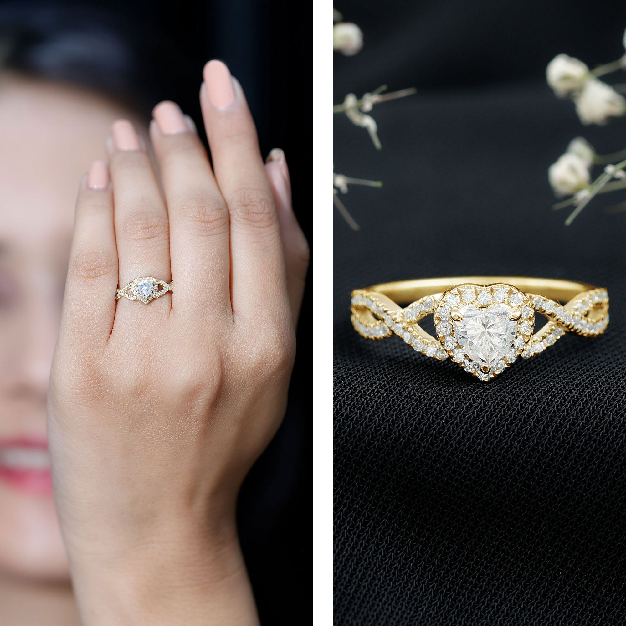 Lab Grown Diamond Heart Engagement Ring with Halo Design Lab - ( EF-VS ) - Rosec Jewels