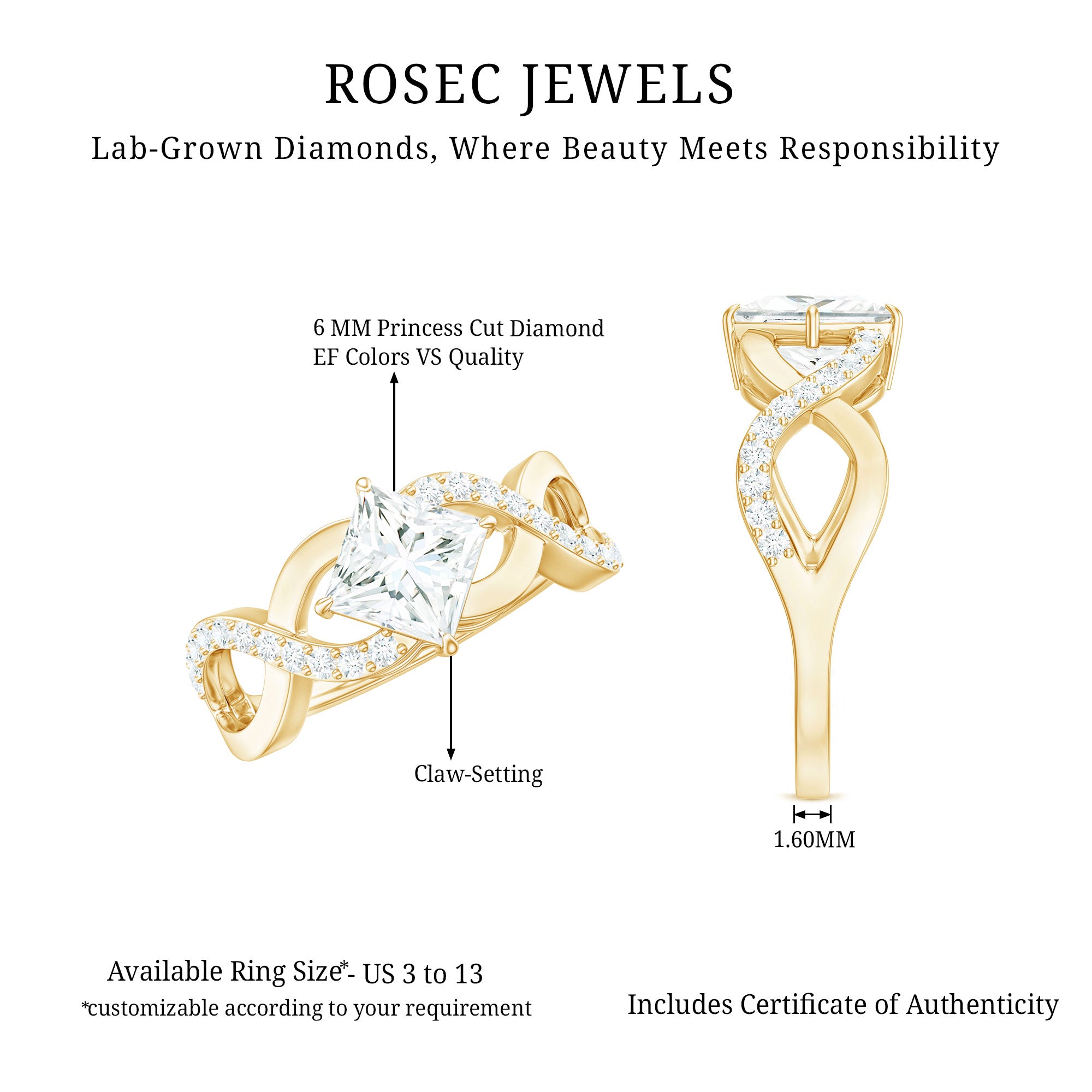 Rosec Jewels-Lab Diamond Crossover Ring with Side Stones