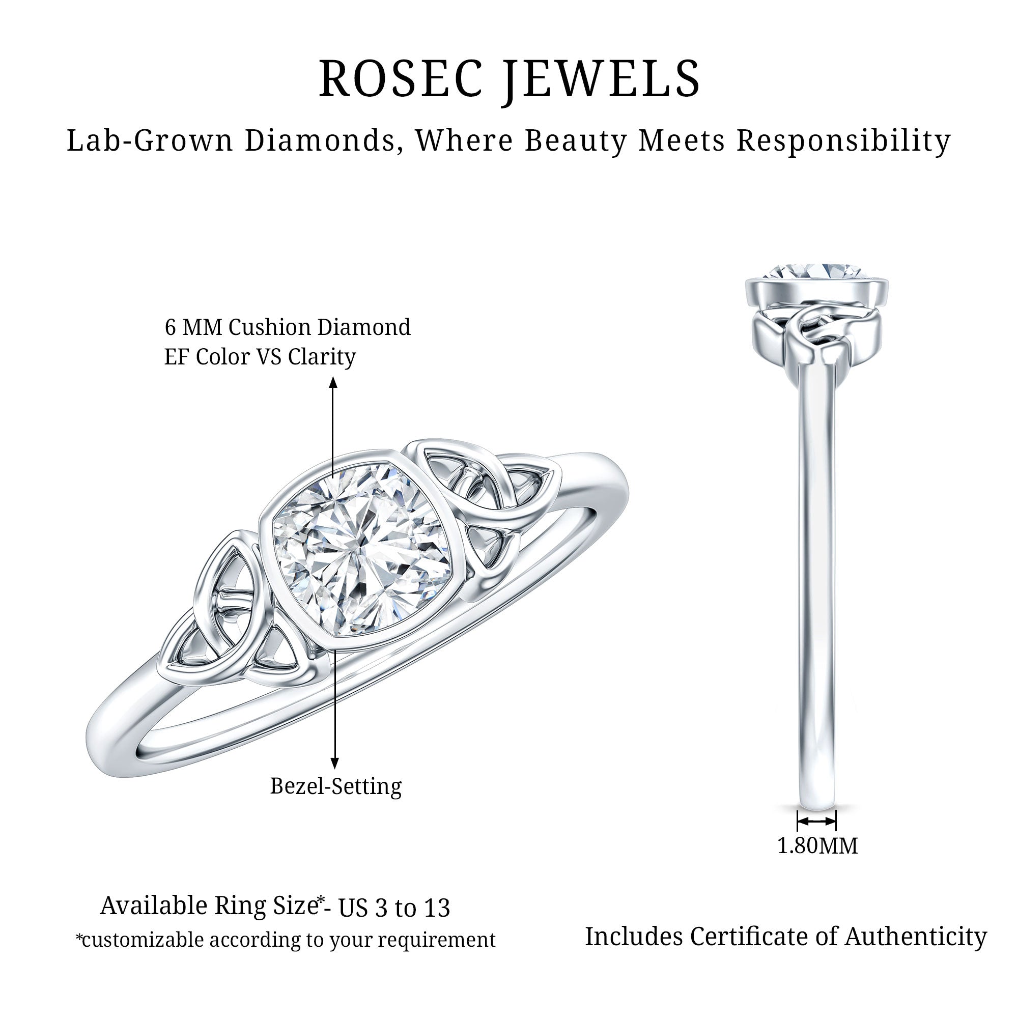 Certified Cushion Cut Diamond Knot Promise Ring Lab - ( EF-VS ) - Rosec Jewels