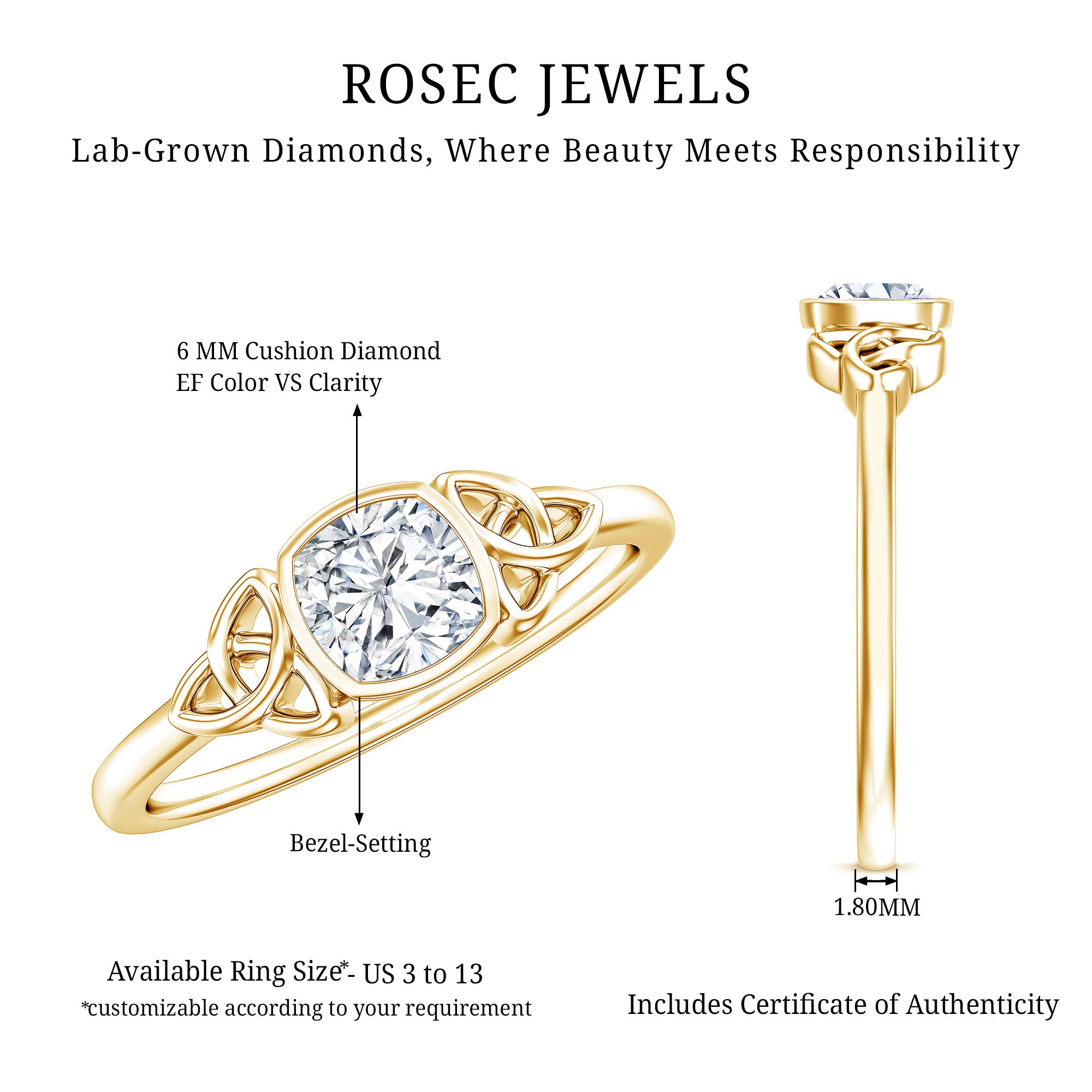 Certified Cushion Cut Diamond Knot Promise Ring Lab - ( EF-VS ) - Rosec Jewels