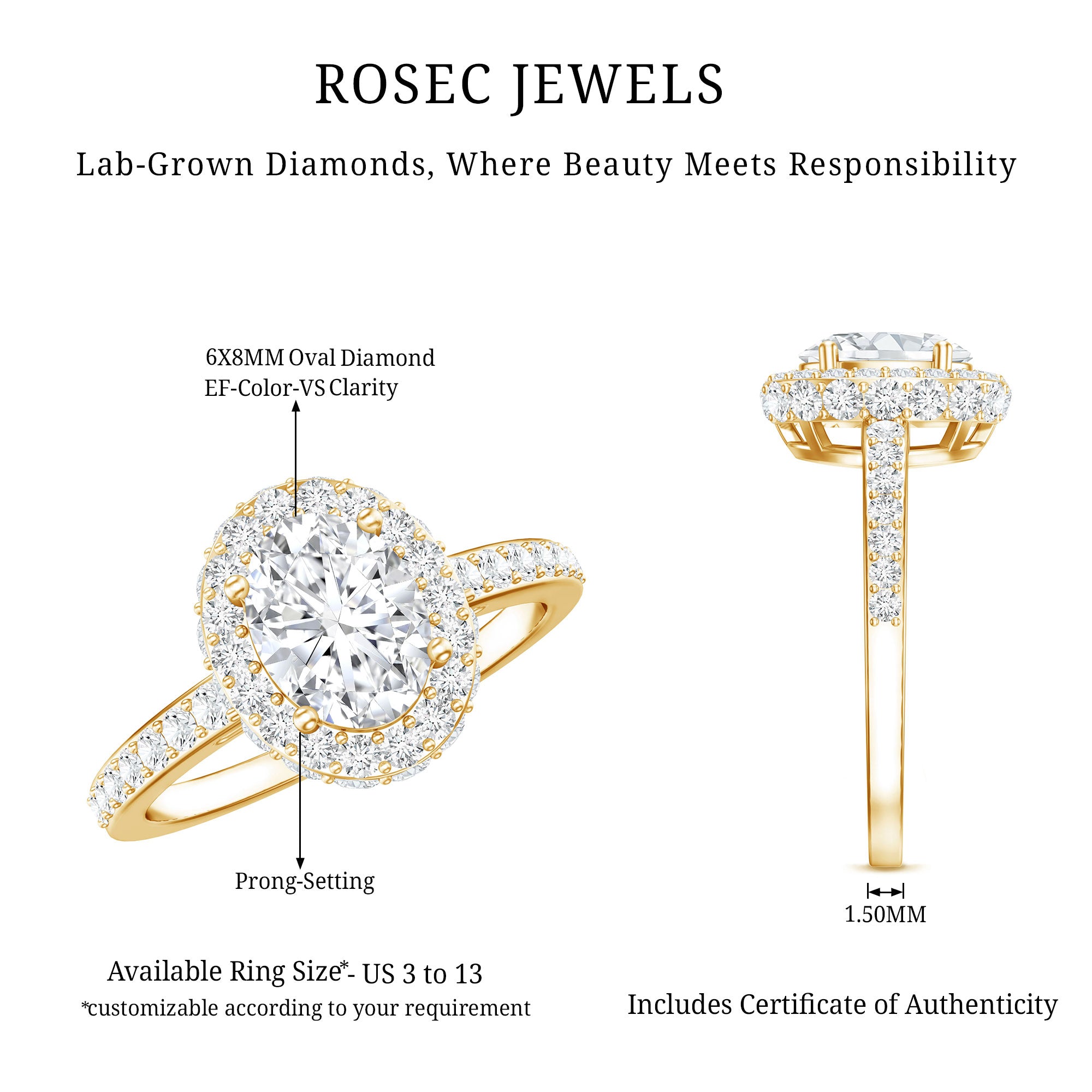 Certified 6X8 mm Lab Grown Diamond Oval Shape Engagement Ring Lab - ( EF-VS ) - Rosec Jewels
