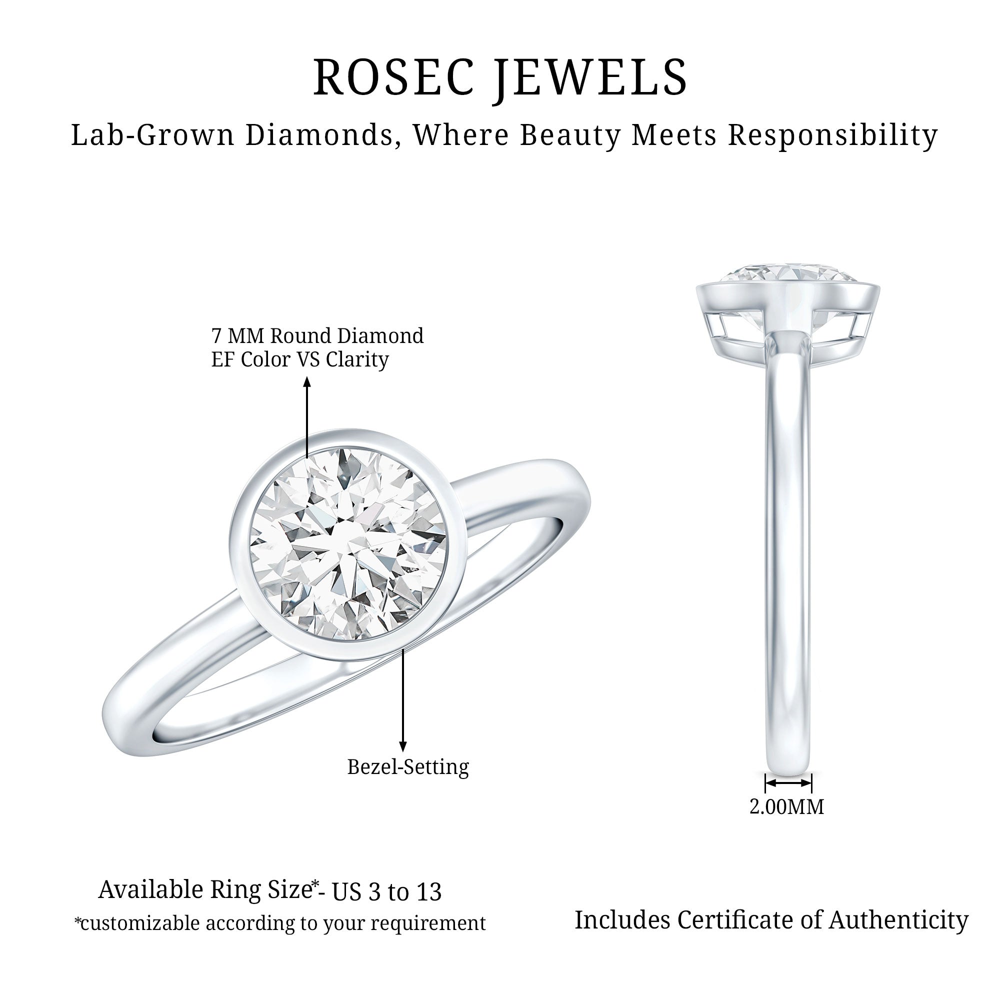 Brilliant Cut Bezel Set Lab Grown Diamond Simple Solitaire Ring Lab - ( EF-VS ) - Rosec Jewels