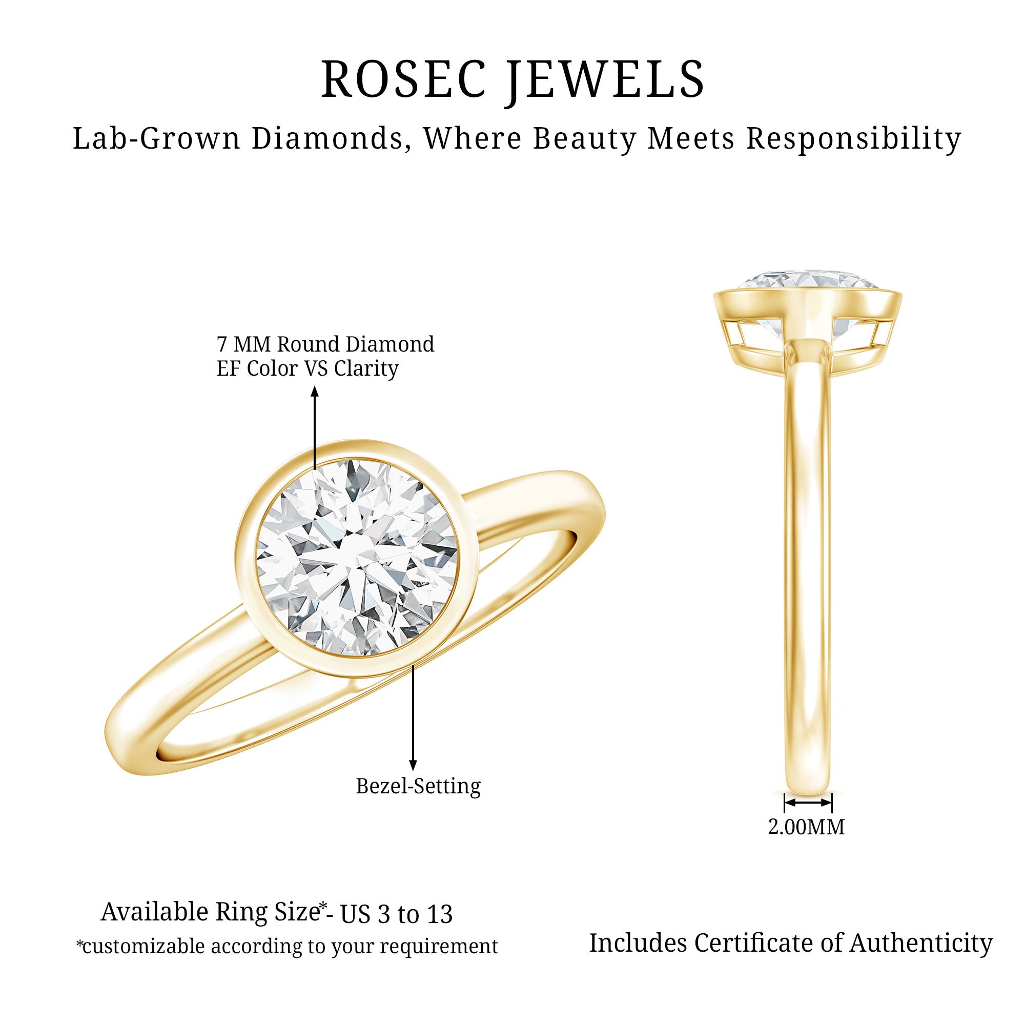 Brilliant Cut Bezel Set Lab Grown Diamond Simple Solitaire Ring Lab - ( EF-VS ) - Rosec Jewels