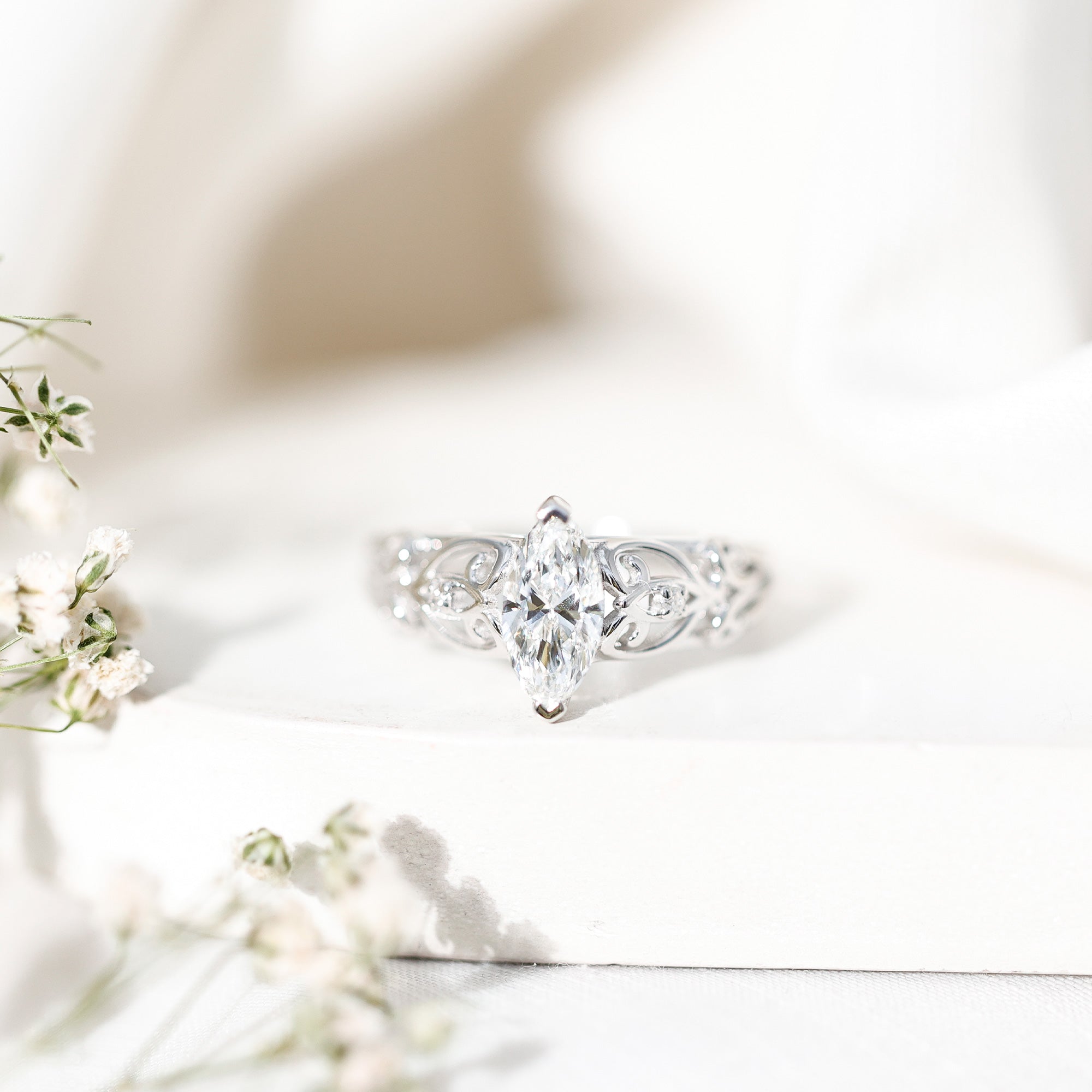 Marquise Cut Lab Grown Diamond Solitaire Filigree Engagement Ring Lab - ( EF-VS ) - Rosec Jewels
