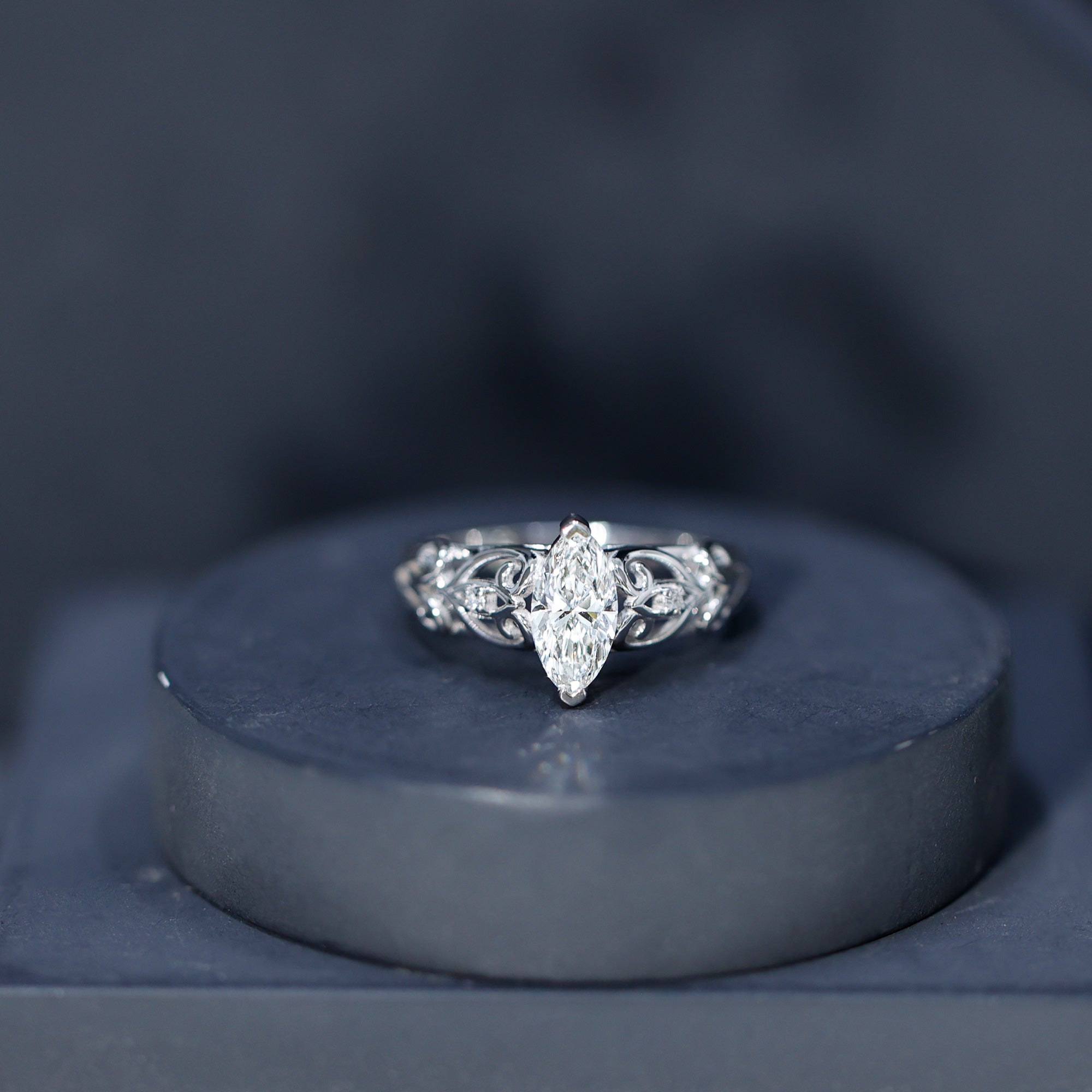 Marquise Cut Lab Grown Diamond Solitaire Filigree Engagement Ring Lab - ( EF-VS ) - Rosec Jewels