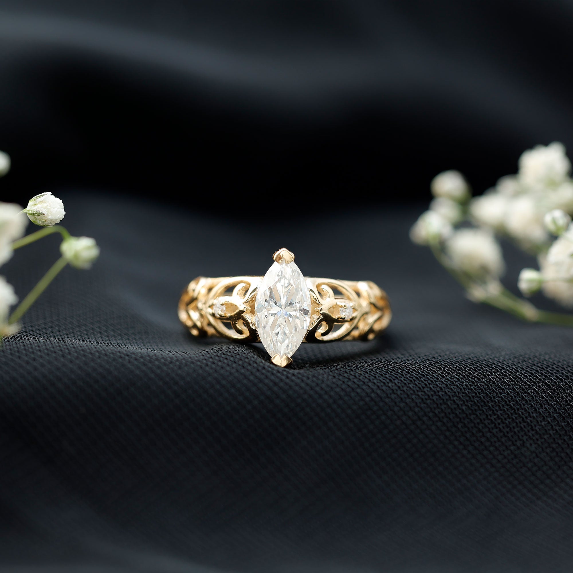 Marquise Cut Lab Grown Diamond Solitaire Filigree Engagement Ring Lab - ( EF-VS ) - Rosec Jewels