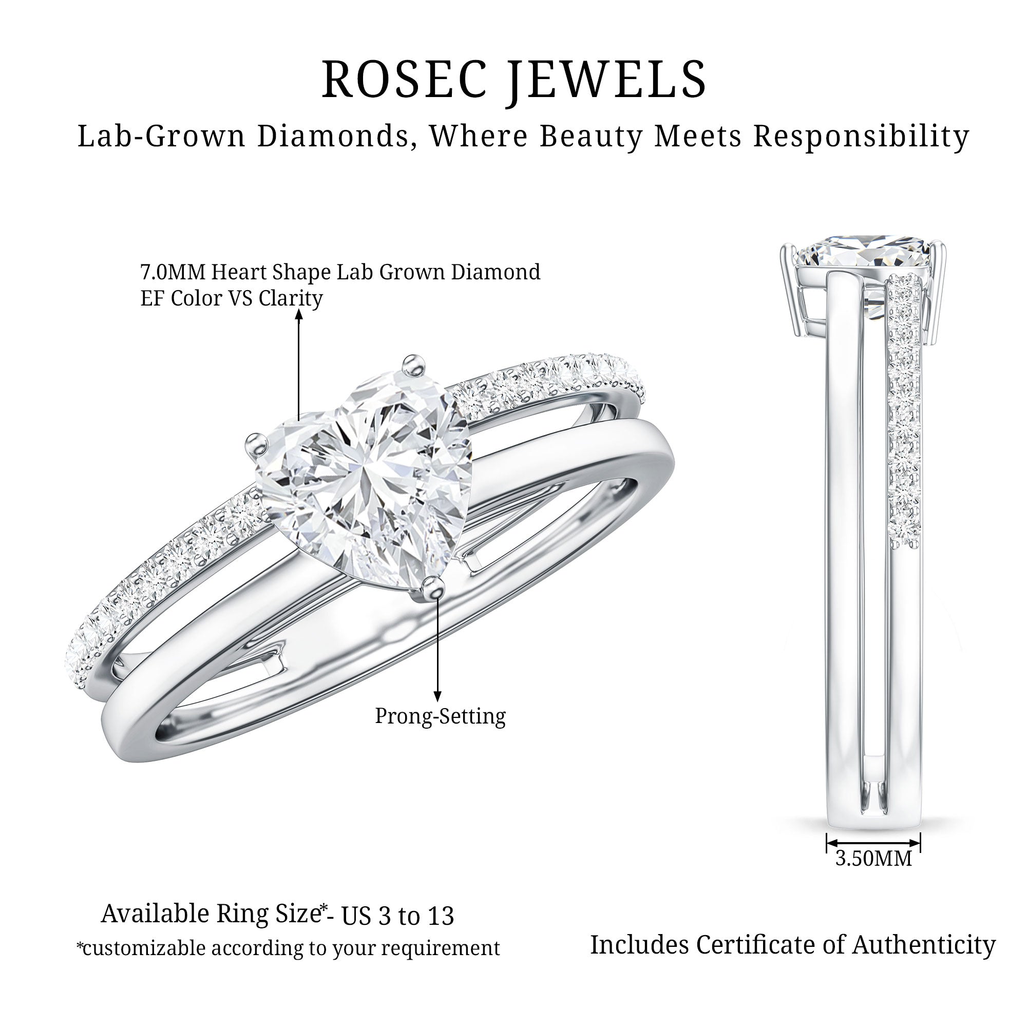 1.2 Carat Heart Shape Lab Grown Diamond Double Band Solitaire Ring Lab - ( EF-VS ) - Rosec Jewels