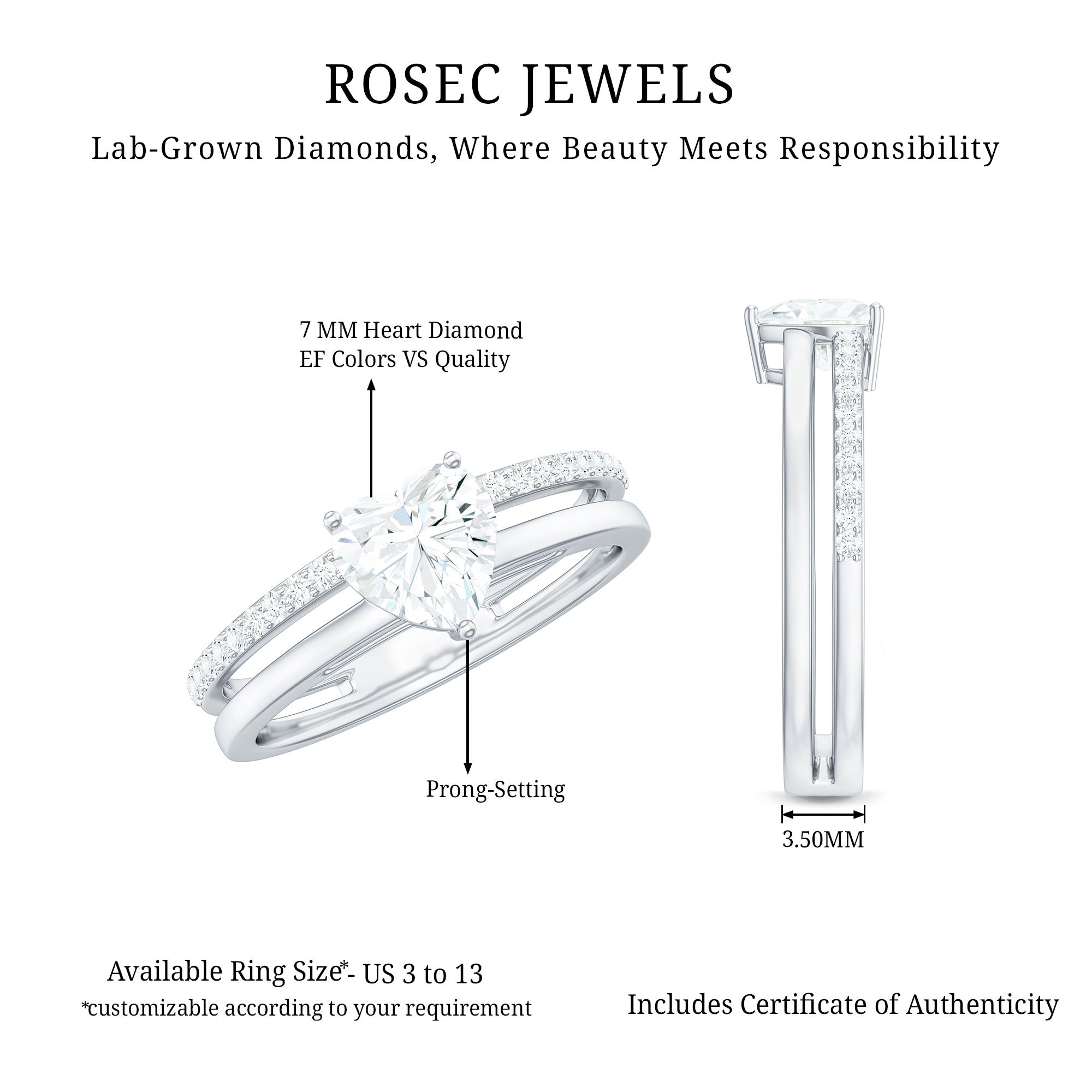 7 MM Heart Shape Lab Grown Diamond Double Band Solitaire Ring Lab - ( EF-VS ) - Rosec Jewels