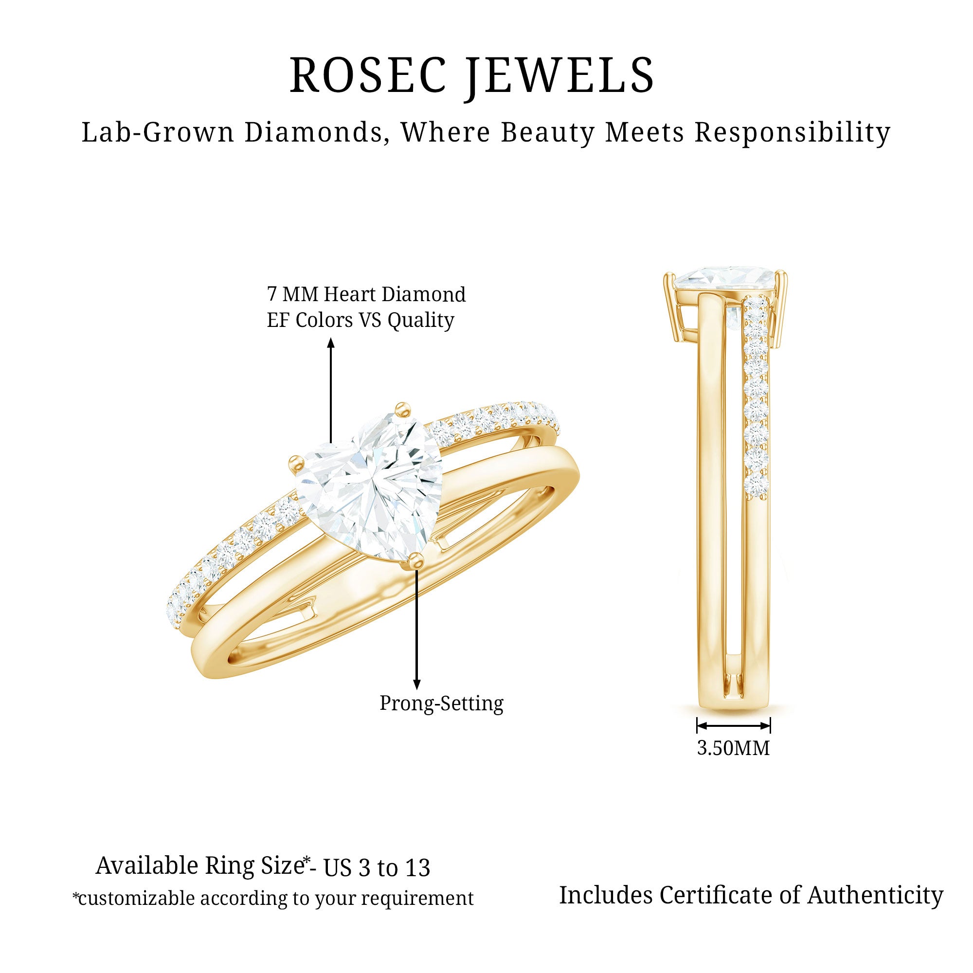 7 MM Heart Shape Lab Grown Diamond Double Band Solitaire Ring Lab - ( EF-VS ) - Rosec Jewels