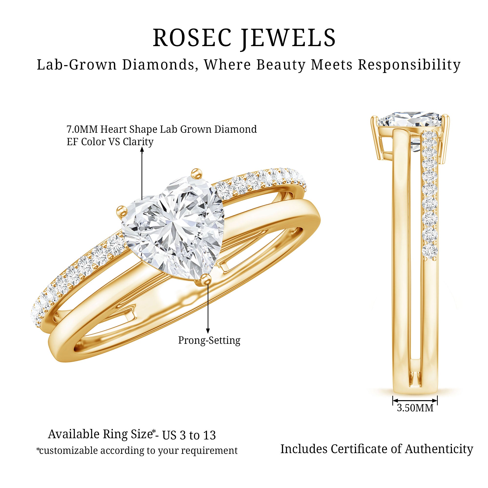 1.2 Carat Heart Shape Lab Grown Diamond Double Band Solitaire Ring Lab - ( EF-VS ) - Rosec Jewels