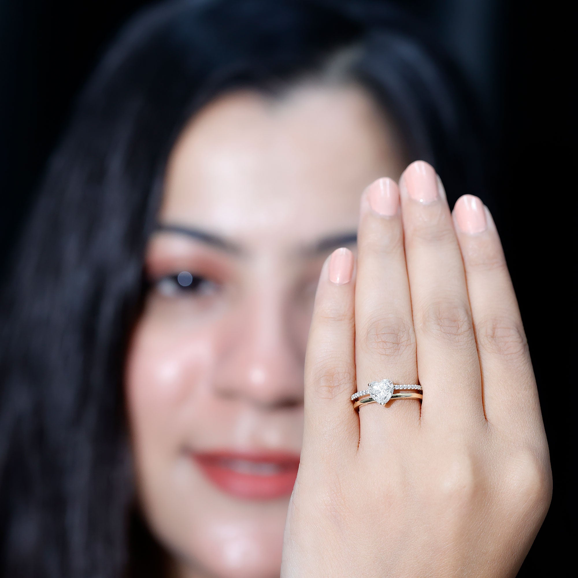 7 MM Heart Shape Lab Grown Diamond Double Band Solitaire Ring Lab - ( EF-VS ) - Rosec Jewels