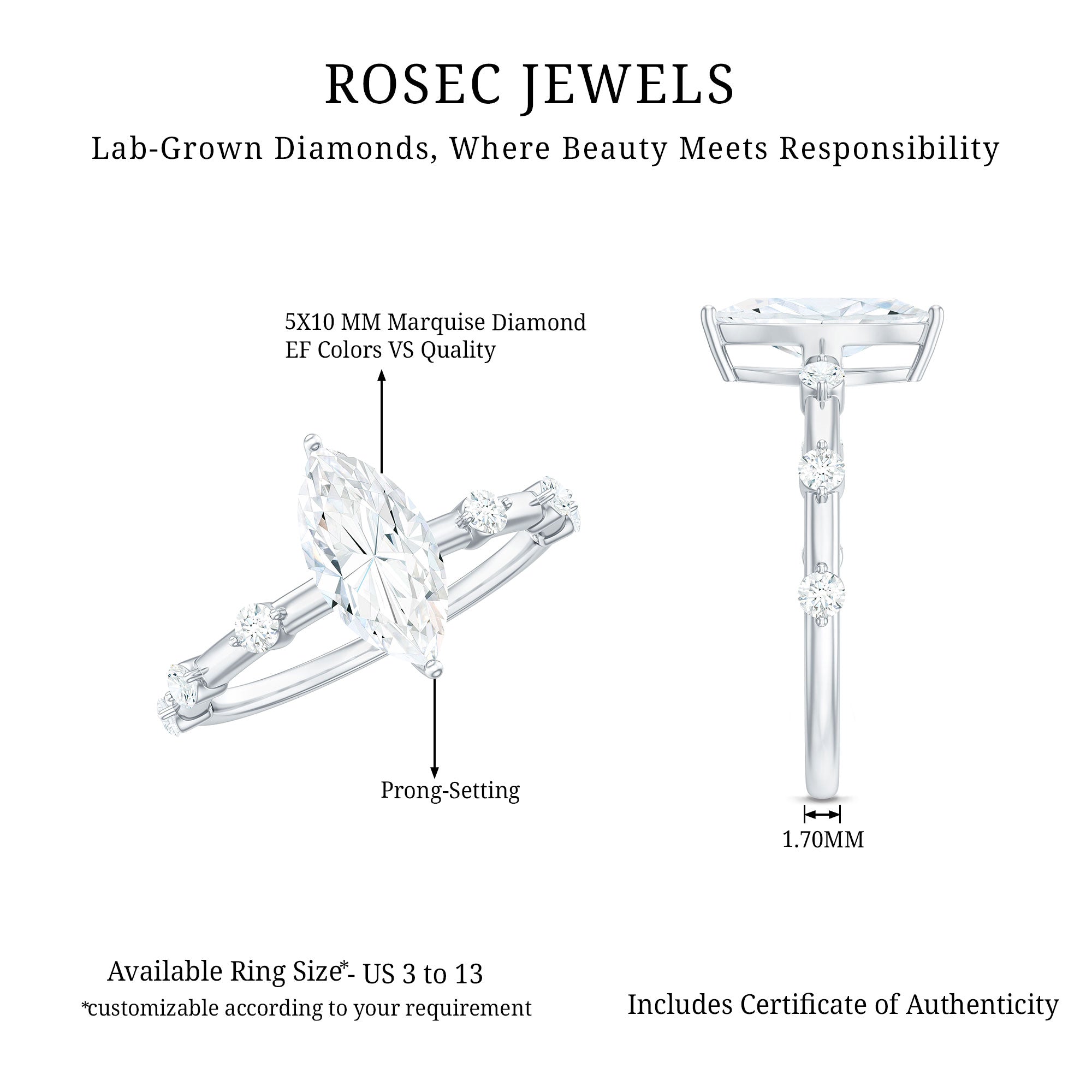 Marquise Shape Lab Grown Diamond Solitaire Ring With Certificate Lab - ( EF-VS ) - Rosec Jewels