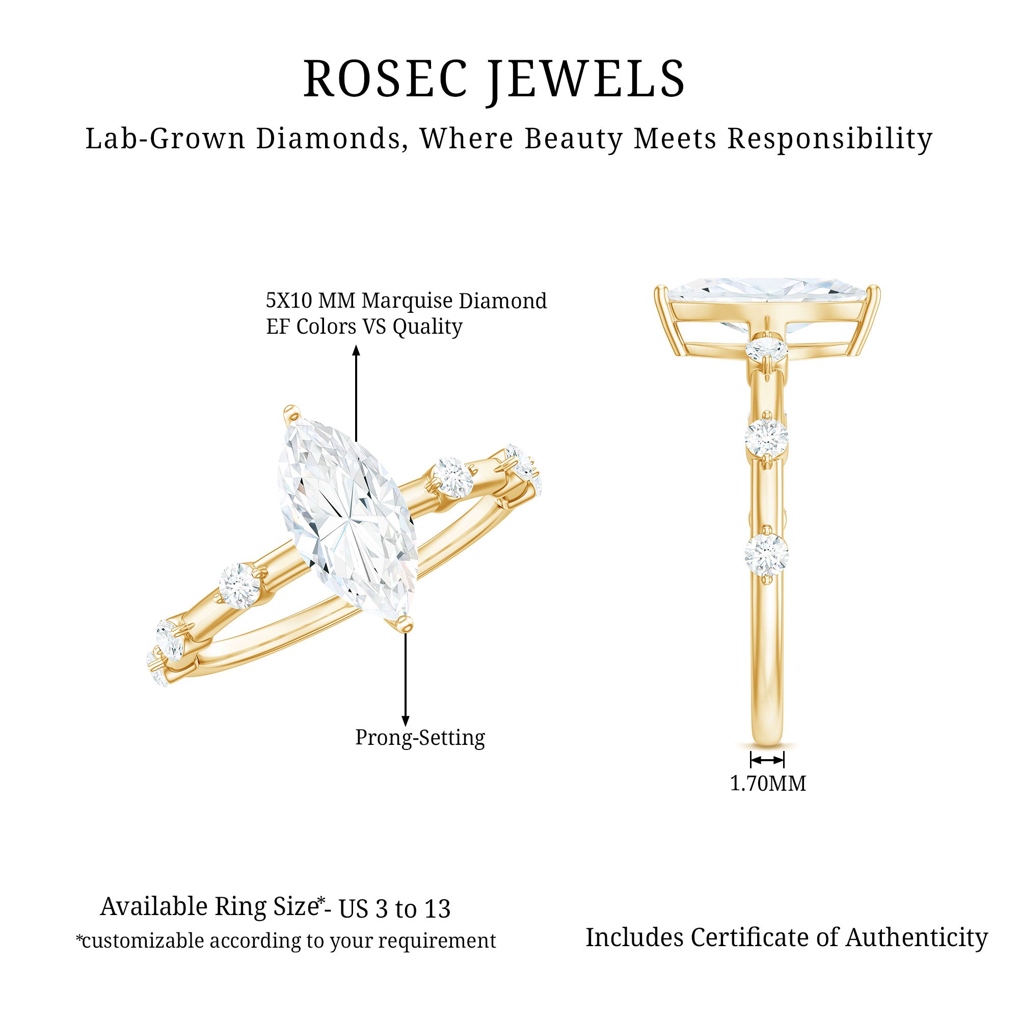 Marquise Shape Lab Grown Diamond Solitaire Ring With Certificate Lab - ( EF-VS ) - Rosec Jewels