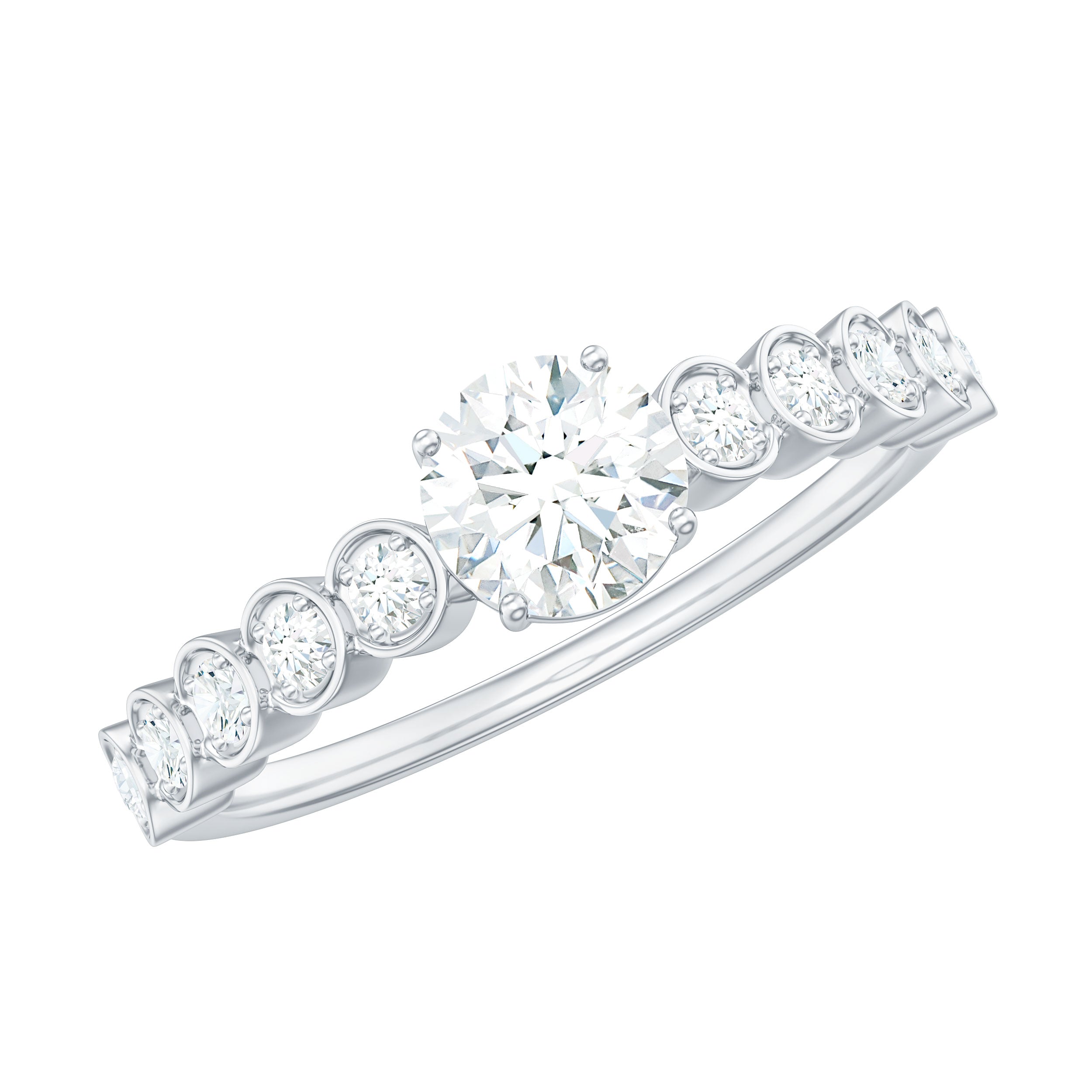 Rosec Jewels-Round Brilliant Cut Lab Diamond Promise Ring with Side Stones