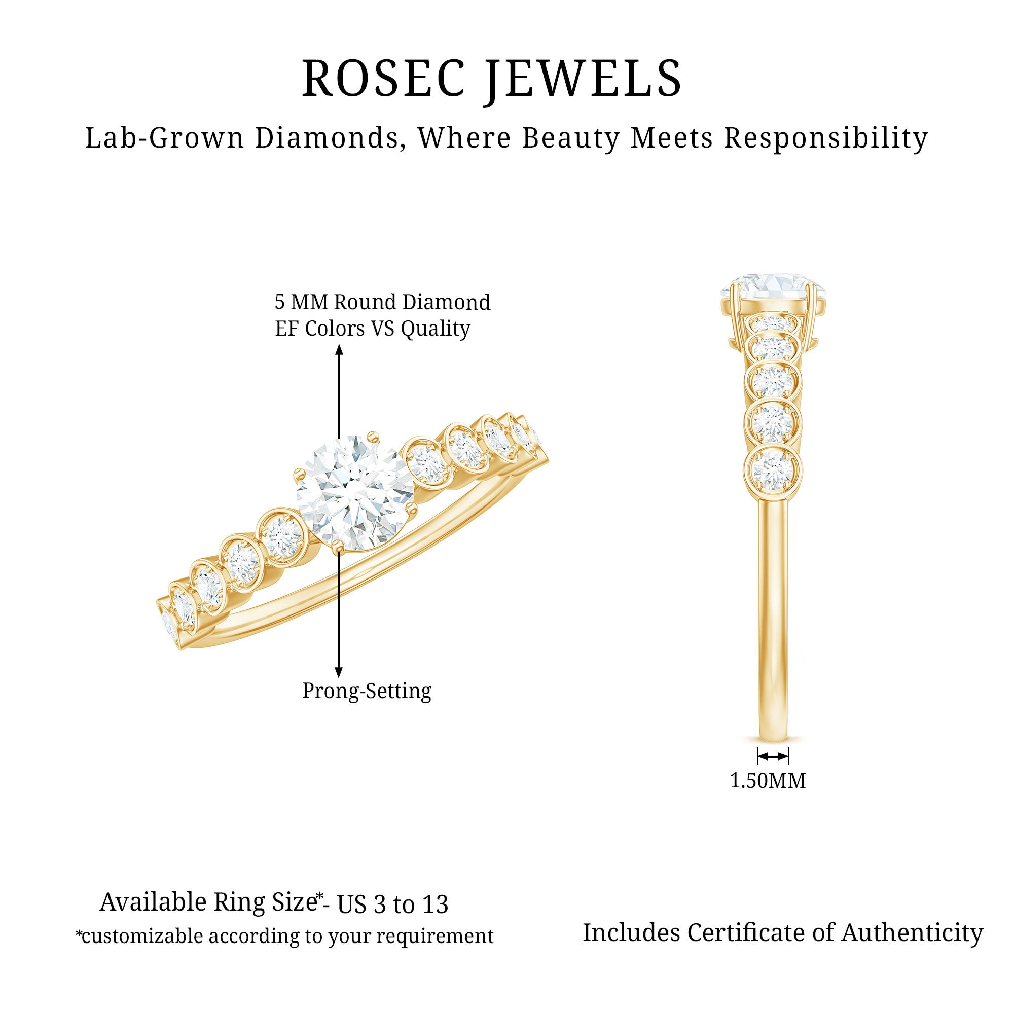 Rosec Jewels-Round Brilliant Cut Lab Diamond Promise Ring with Side Stones
