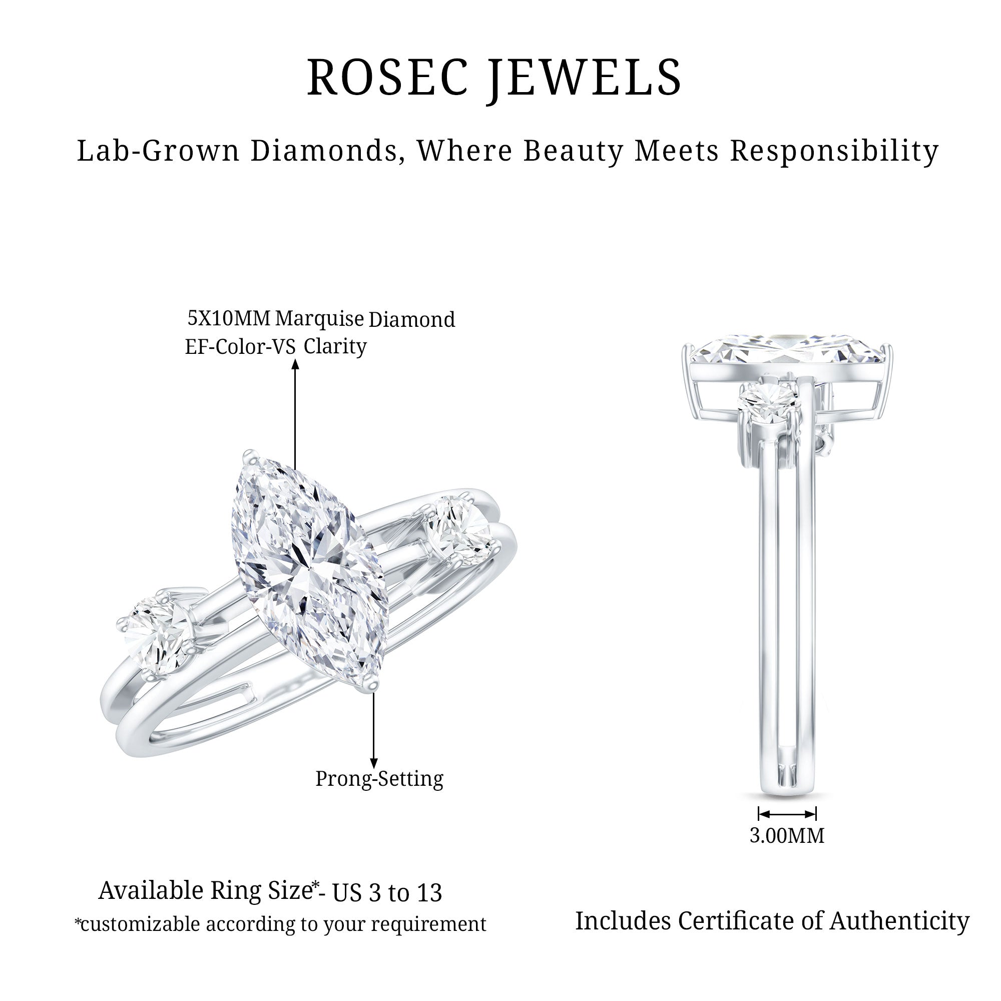 Marquise Cut Lab Grown Diamond Double Band Ring for Women Lab - ( EF-VS ) - Rosec Jewels