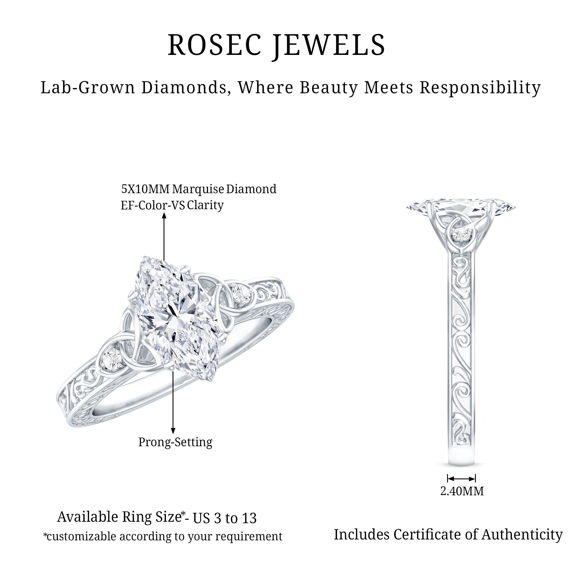 Lab Grown Diamond Marquise Engagement Ring with Celtic Knot Detail Lab - ( EF-VS ) - Rosec Jewels