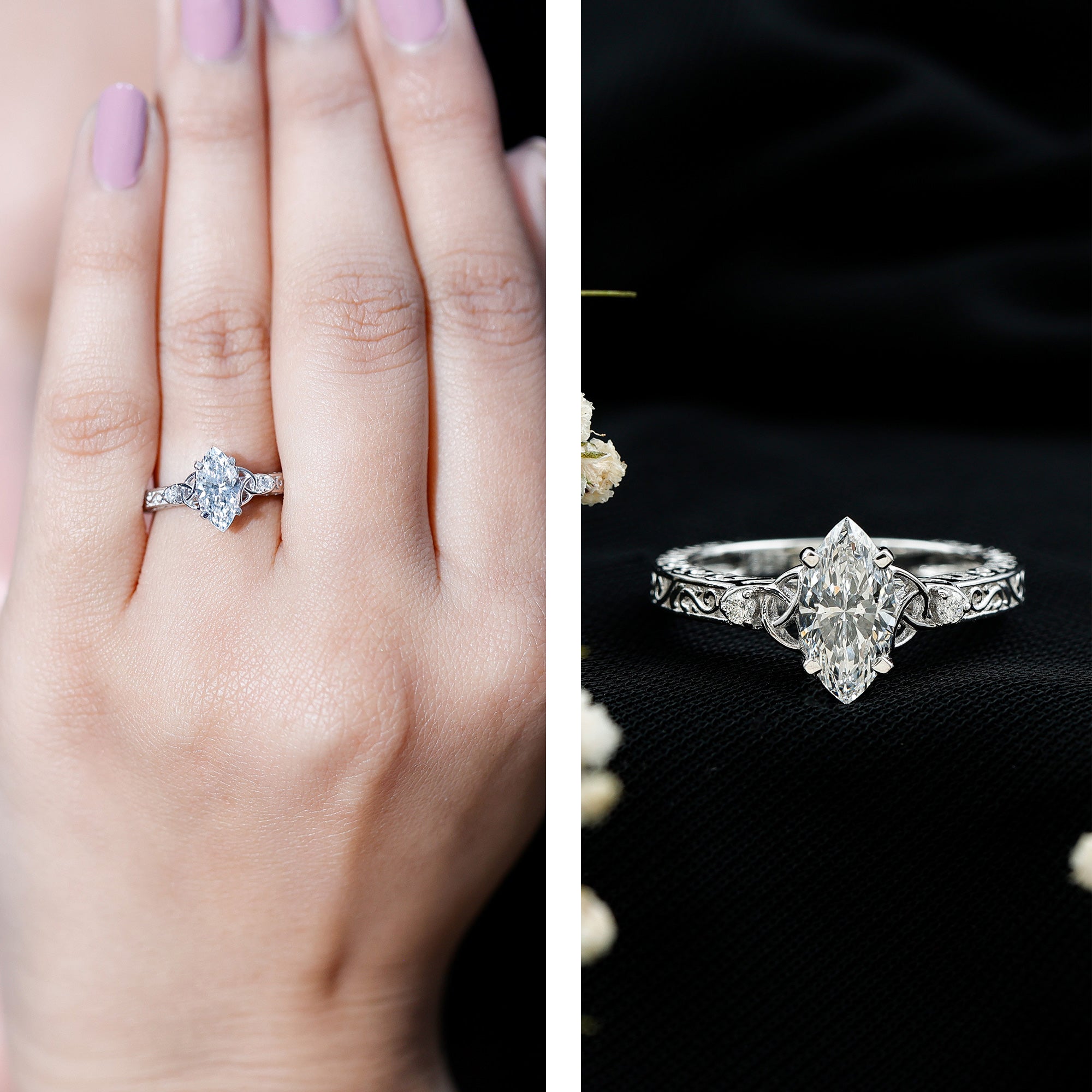 Lab Grown Diamond Marquise Engagement Ring with Celtic Knot Detail Lab - ( EF-VS ) - Rosec Jewels